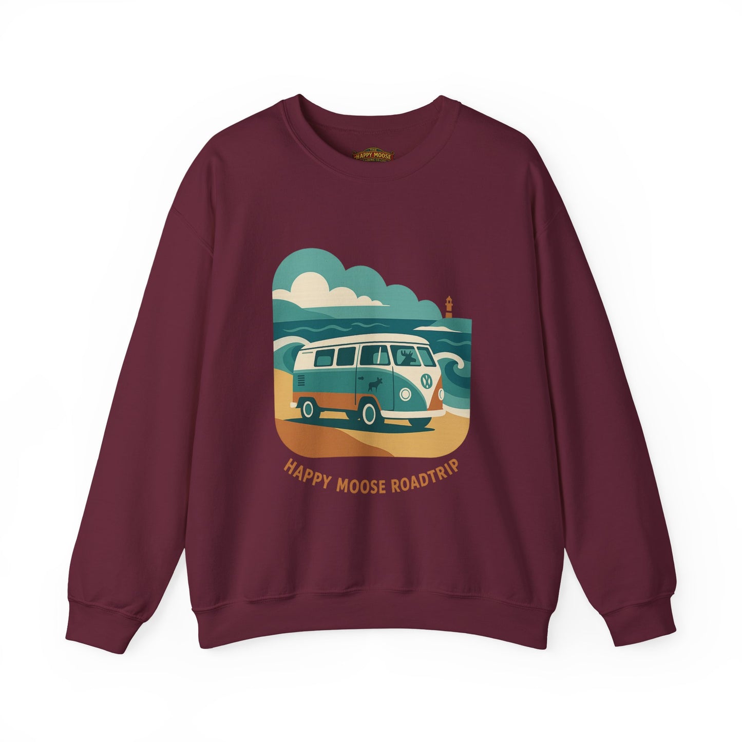 Road Trip Crewneck Sweatshirt — "Happy Moose Roadtrip" Vintage Van Graphic