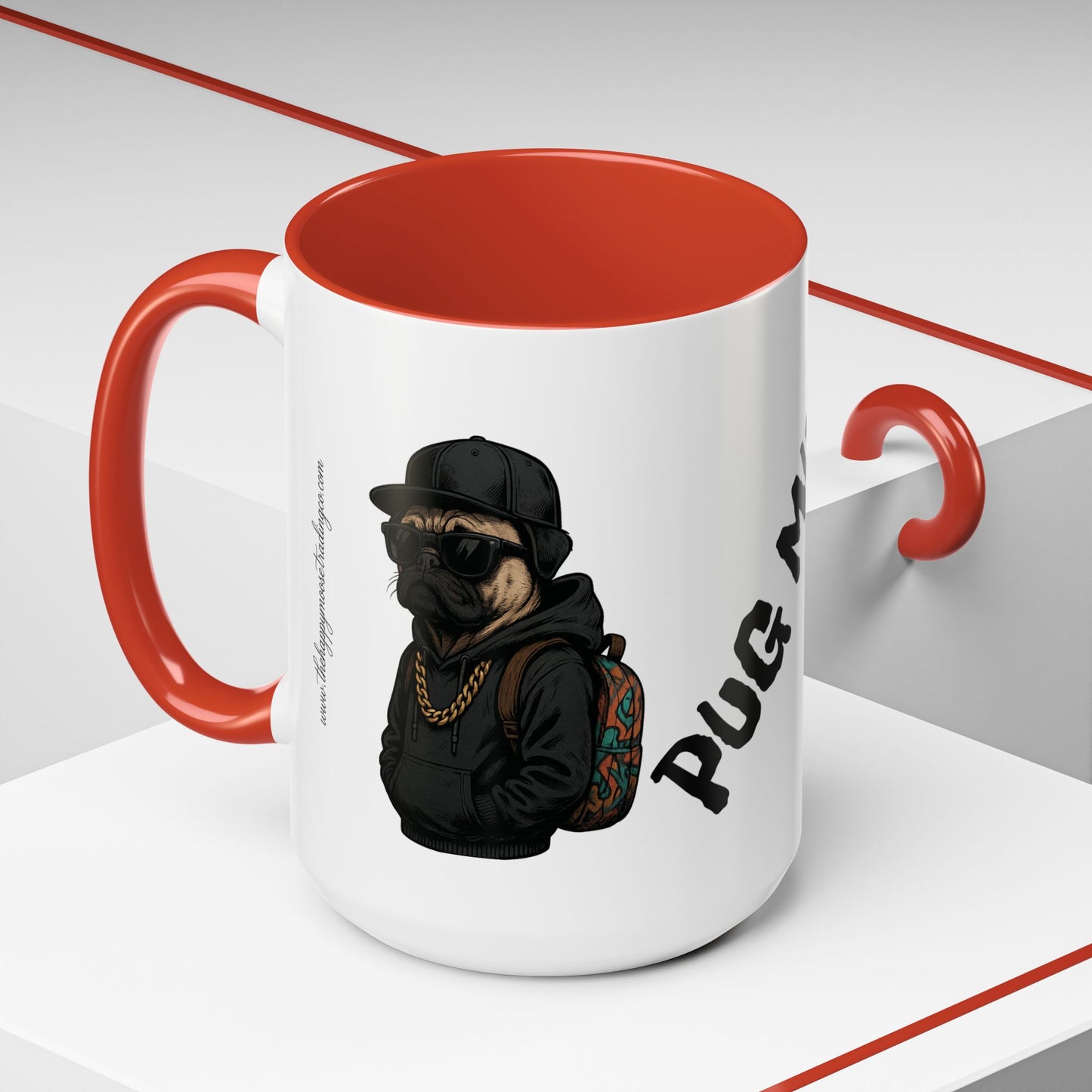 Pug Mug — Red Accent Coffee Mug with Hipster Pug Illustration (11/15oz)