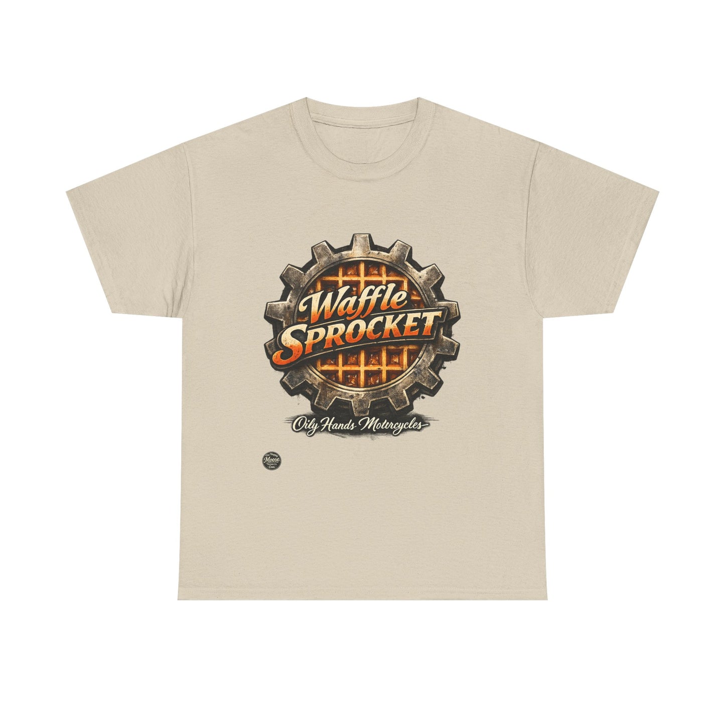 Oily Hands Waffle Sprocket Vintage Logo T-Shirt — Retro Mechanical Breakfast Tee #004 E