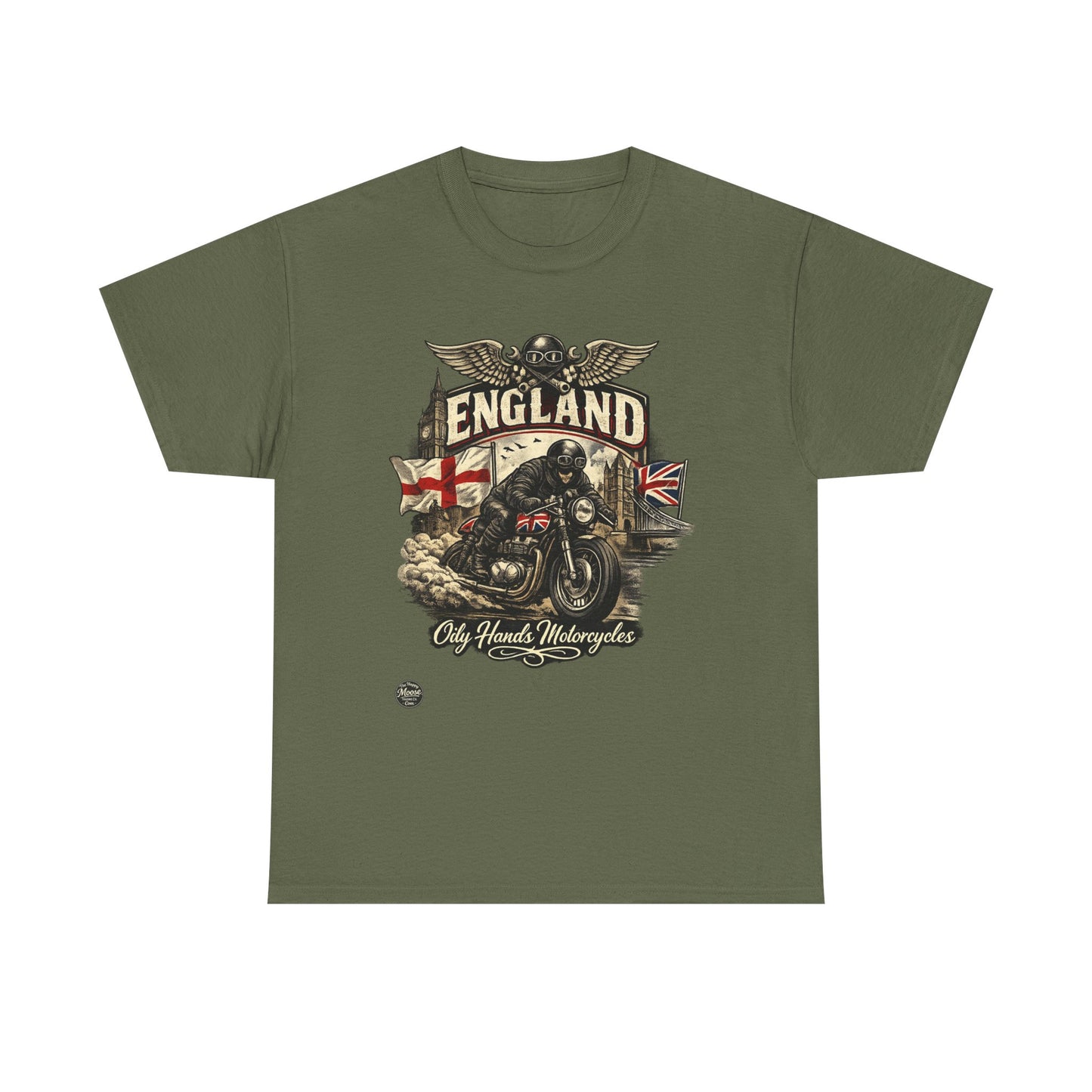 Oily Hands England Motorcycle Tee — Old Hands Biker Vintage Flag Graphic T-Shirt #009 E