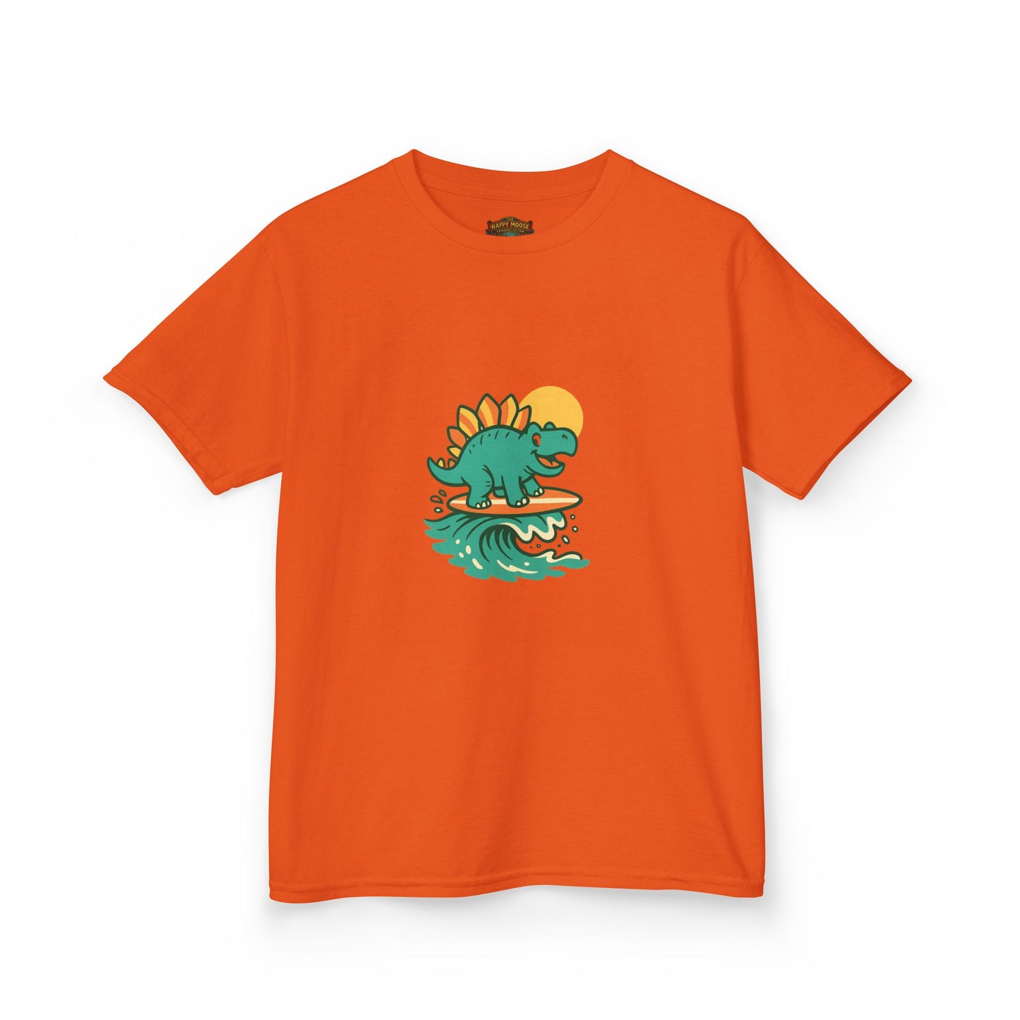 Kids Surfing Dinosaur T-Shirt — Cute Stegosaurus on Wave Graphic Tee