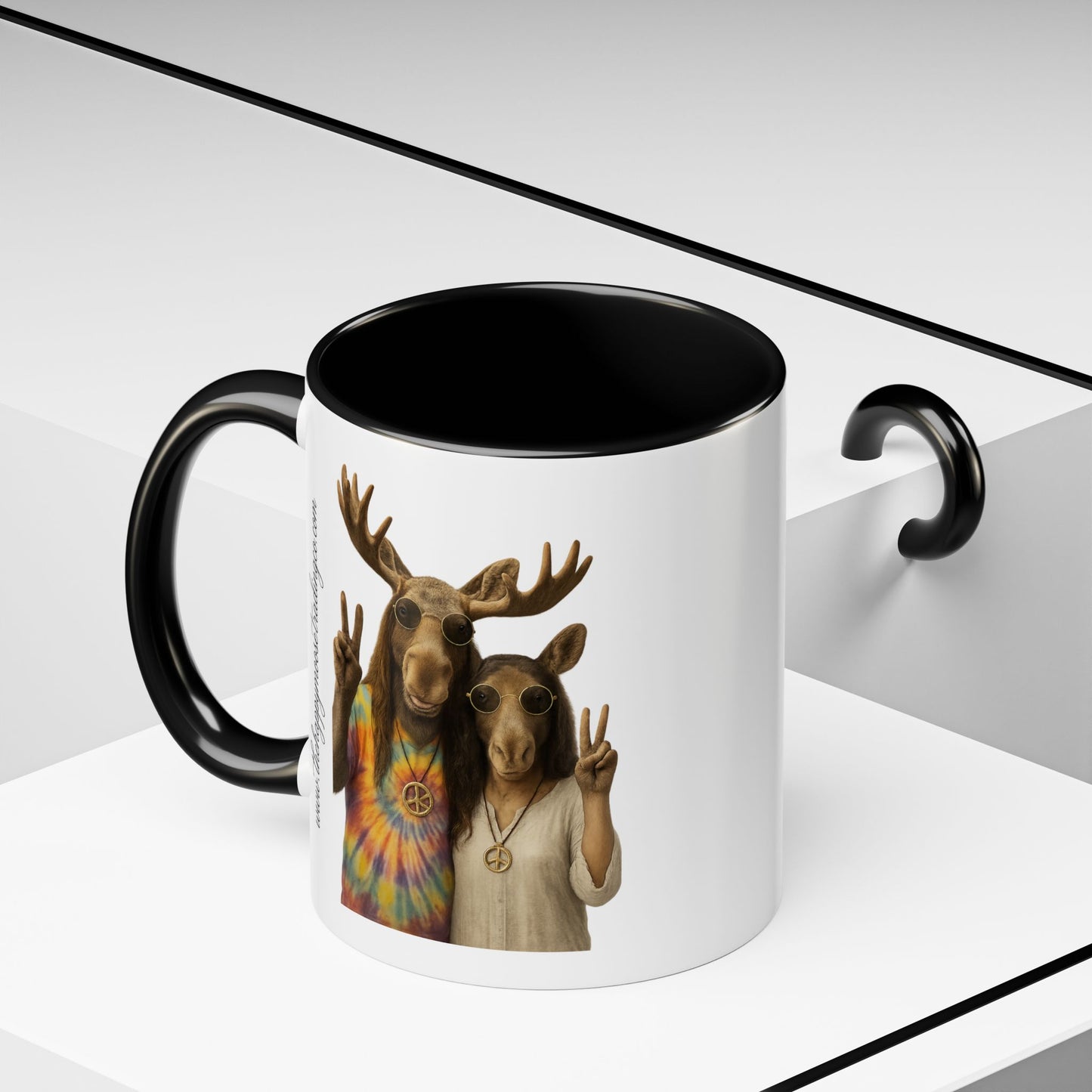 Peaceful Moose Couple Accent Coffee Mug — Hippie Tie-Dye Moose Peace Sign 11/15oz