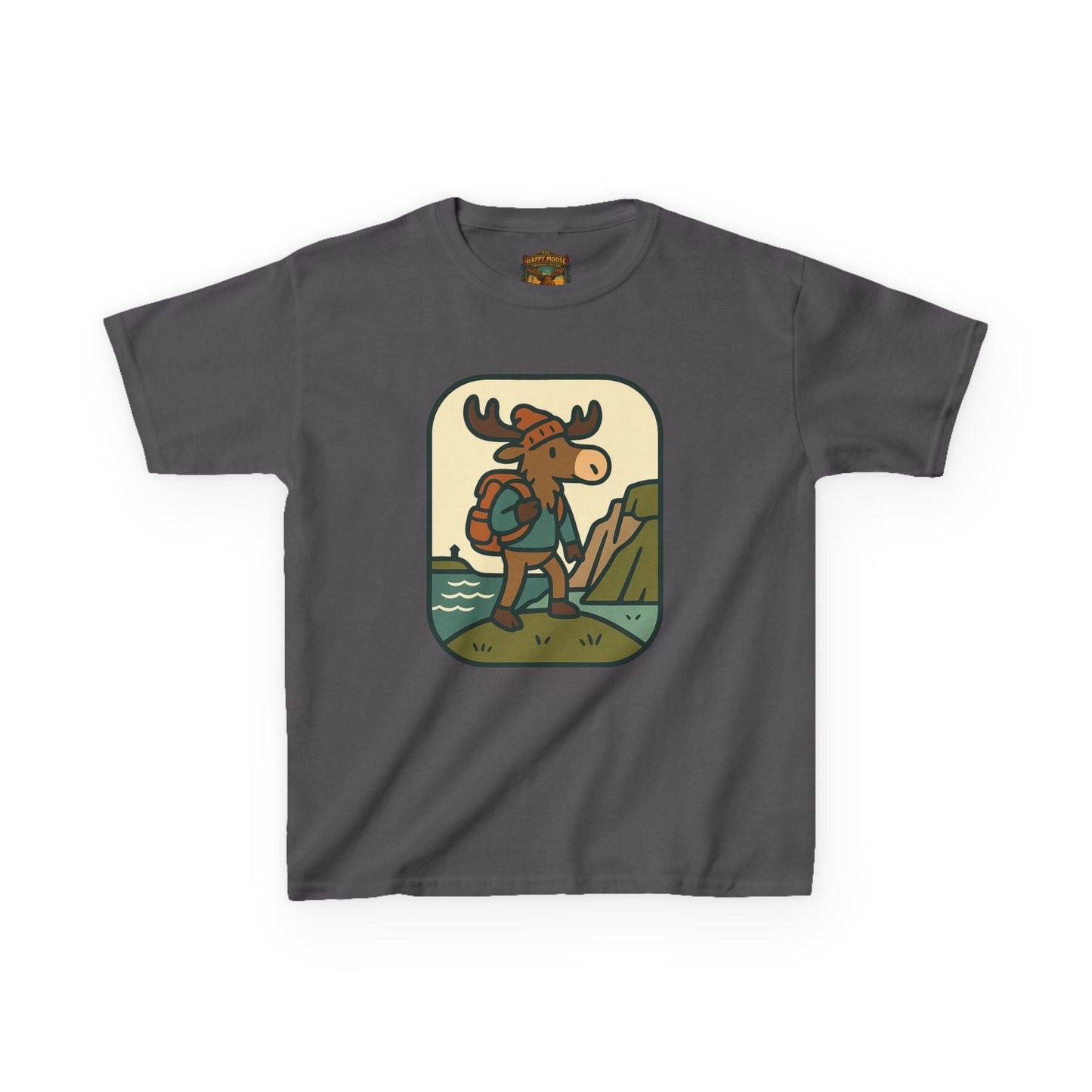 Kids Hiking Moose T‑Shirt — Cute Adventure Backpacker Tee for Boys & Girls