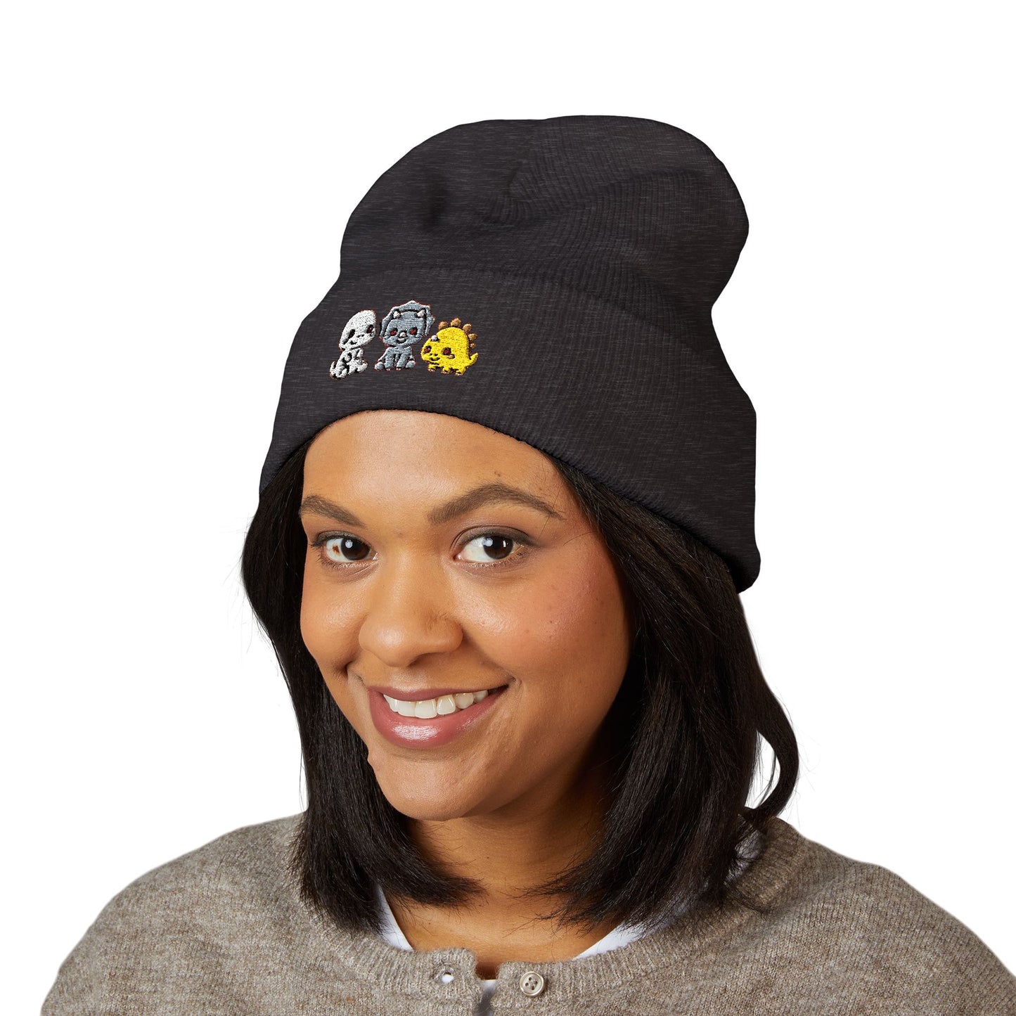 Embroidered Cute Character Cuffed Beanie — Trio Skull, Robot & Chick Winter Hat