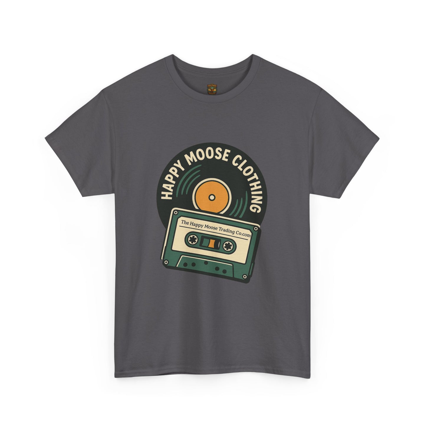 Cassette & Vinyl Retro Tee — “Happy Moose Clothing” Vintage Music Graphic T-Shirt
