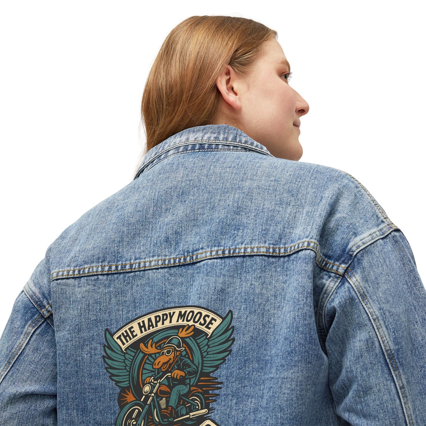 Women's Denim Jacket — The Happy Moose Motorcycle Club Back Patch Jacket