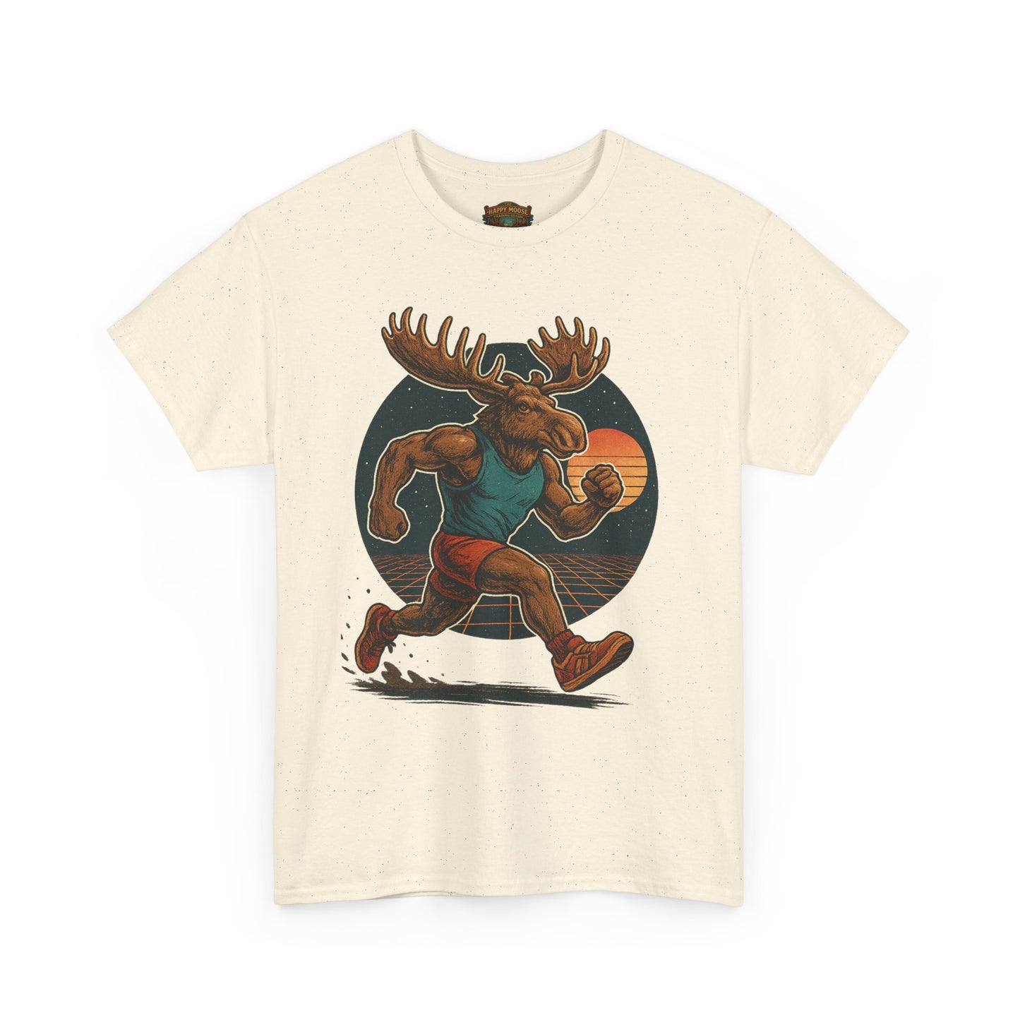 Running Moose Graphic Tee - Retro Sunset Jogging Animal Fitness Shirt