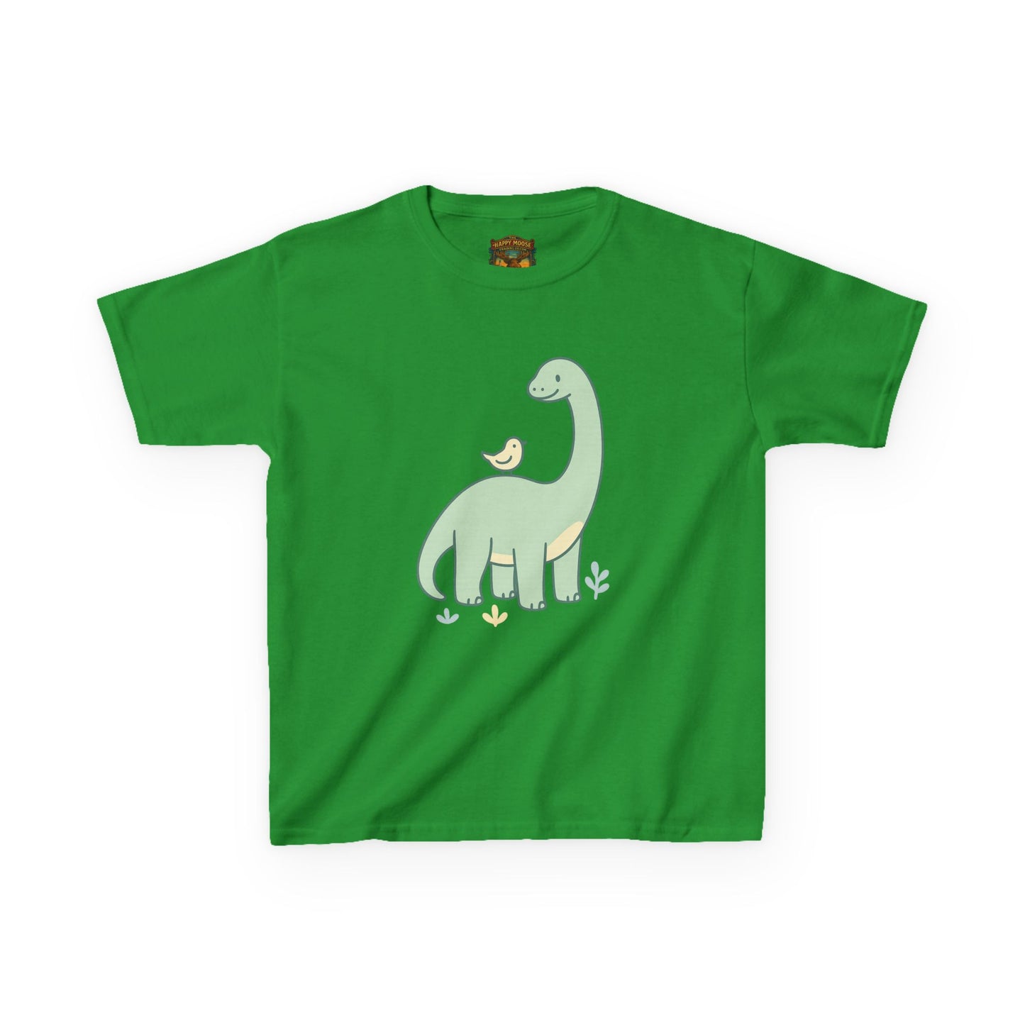 Kids Dino & Bird Tee — Cute Green Brontosaurus Graphic T‑Shirt