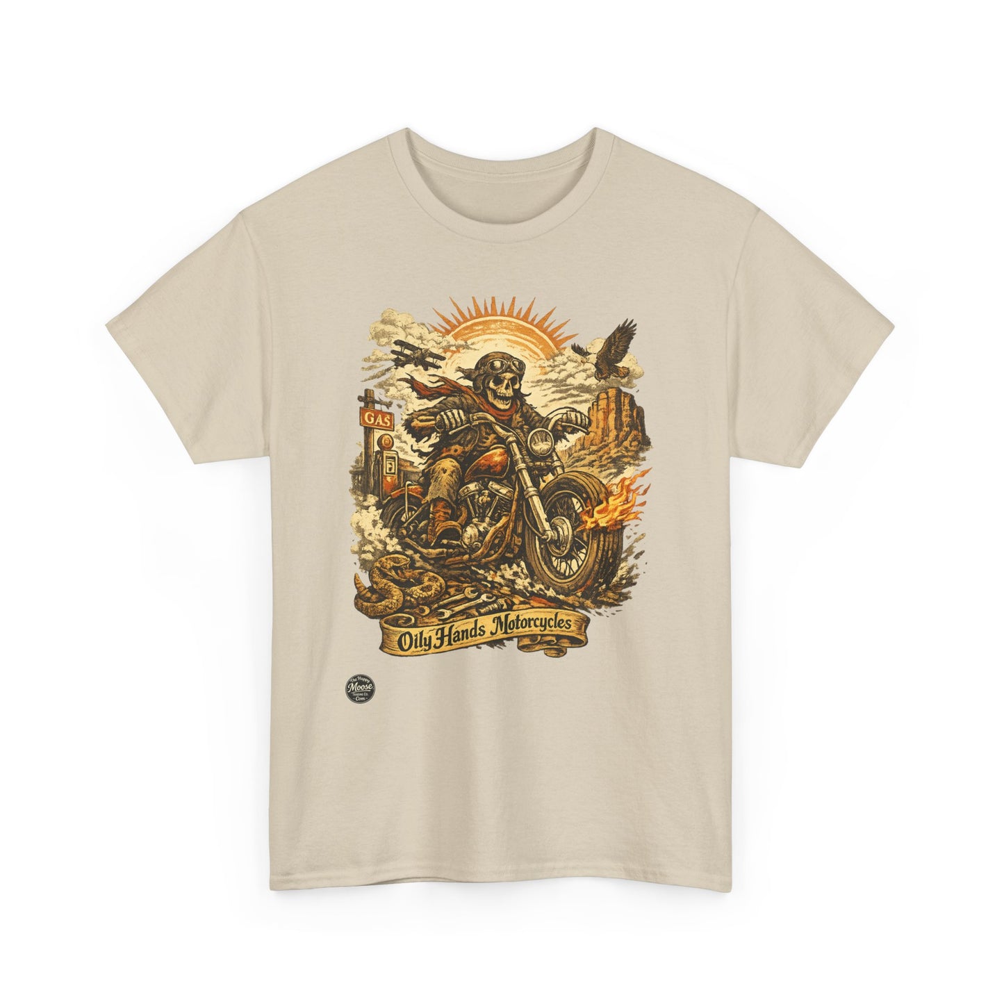 Oily Hands Motorcycle Skull Tee — Old Friends Vintage Biker T-Shirt #015 E