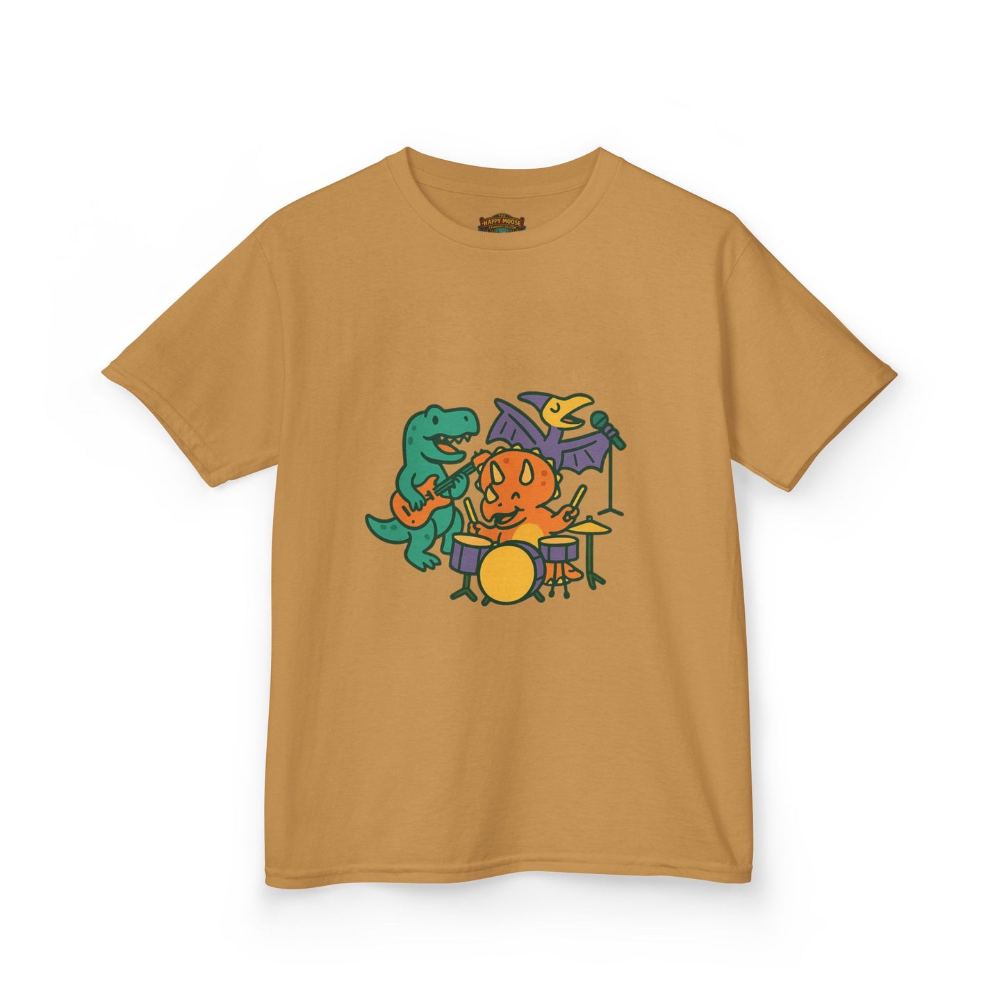 Kids Dino Band T‑Shirt — Cute Cartoon Dinosaur Drummer Tee for Boys & Girls