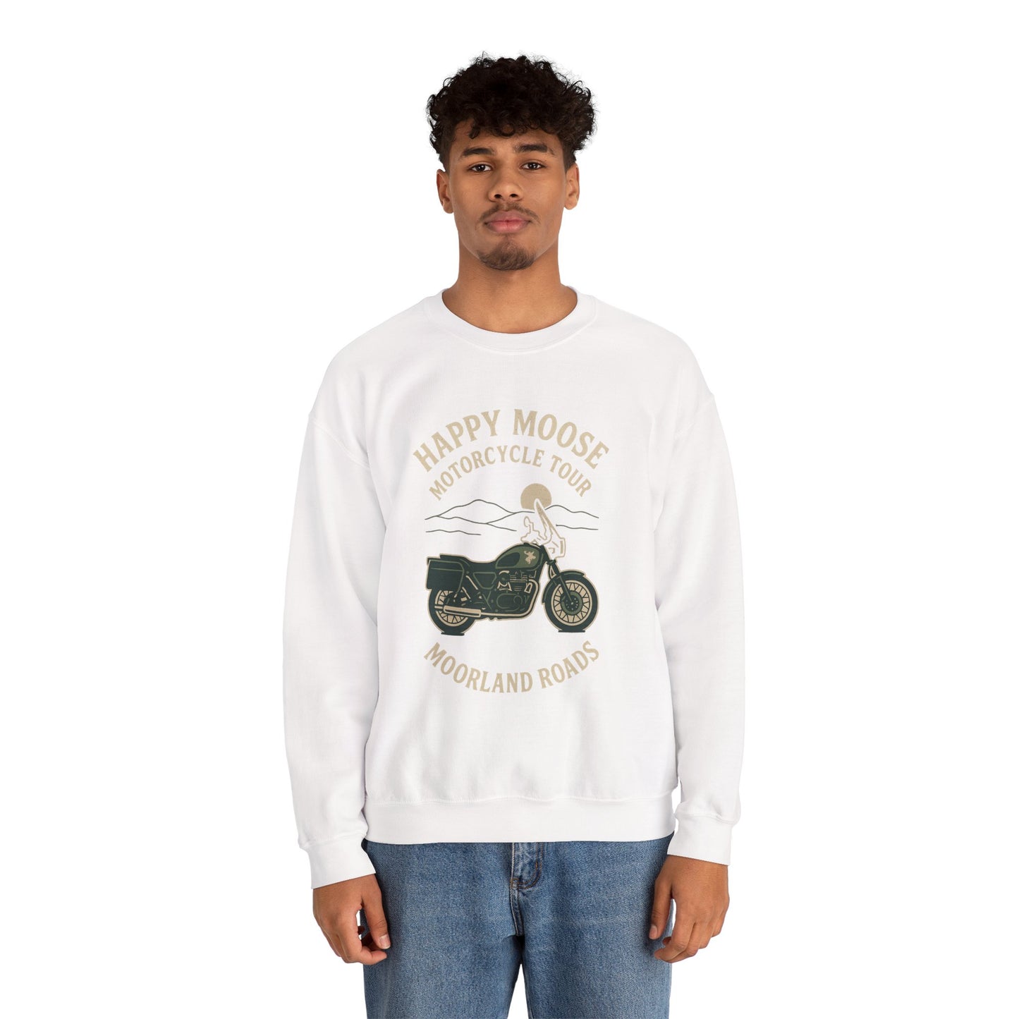 Motorcycle Crewneck Sweatshirt — "Happy Moose Motorcycle Tour" Vintage Bike Graphic