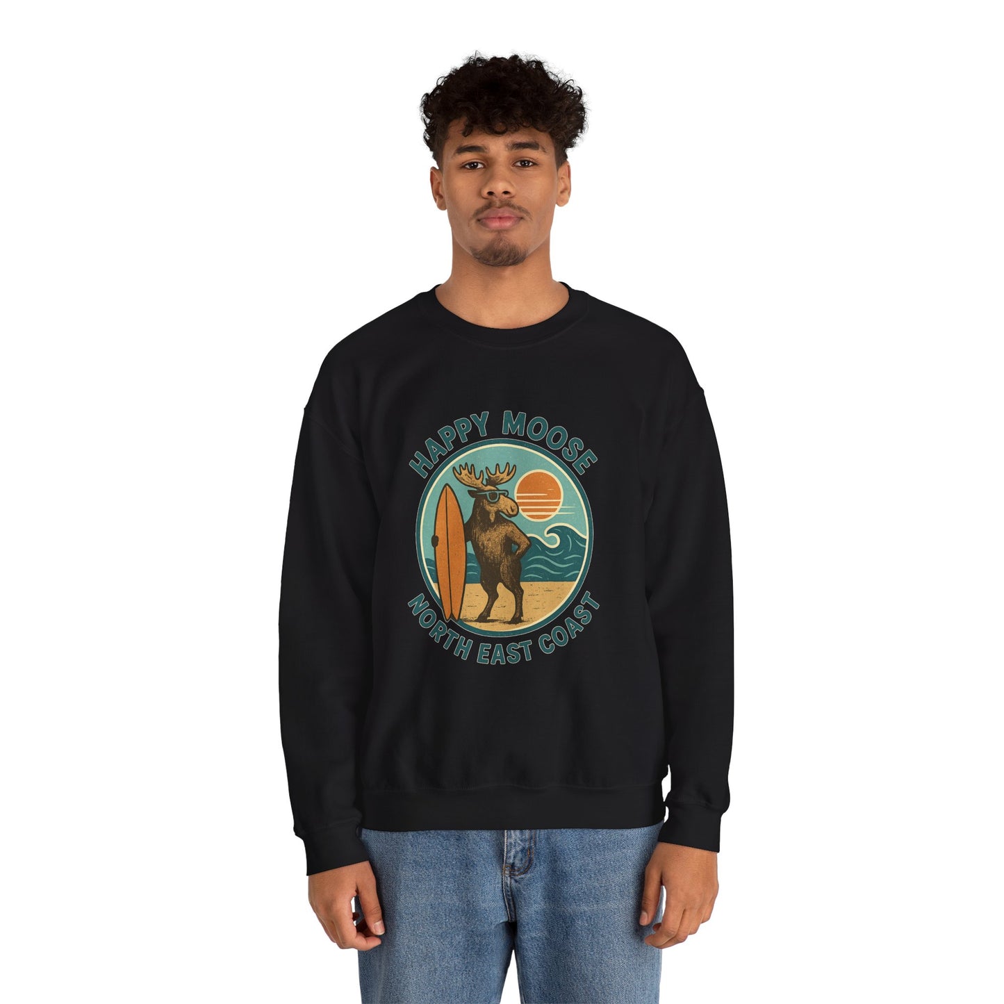 Happy Moose North East Coast Crewneck Sweatshirt — Vintage Surf Moose Graphic