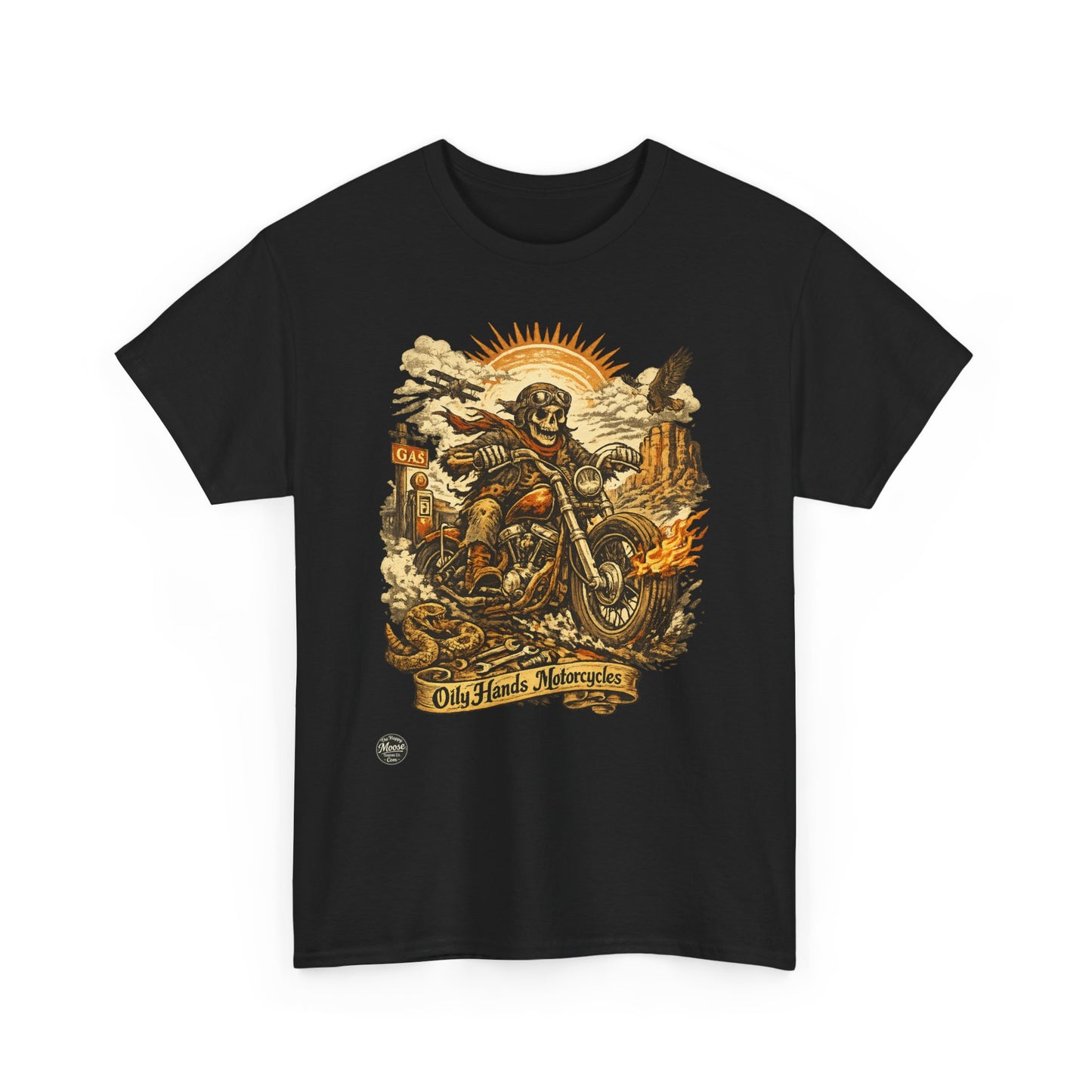 Oily Hands Motorcycle Skull Tee — Old Friends Vintage Biker T-Shirt #015 E