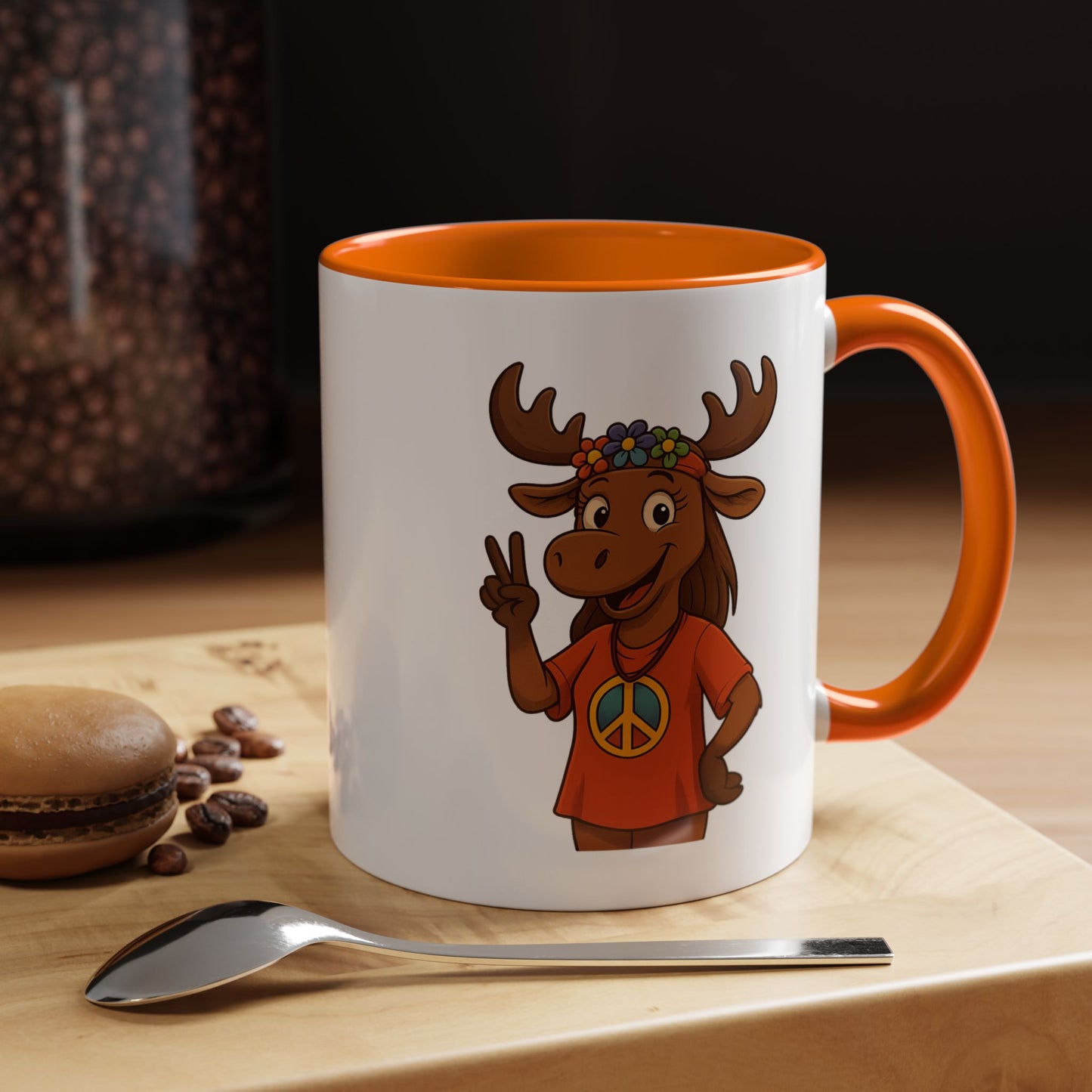Peace Sign Moose Accent Coffee Mug — Hippie Moose with Flower Crown (11/15oz)