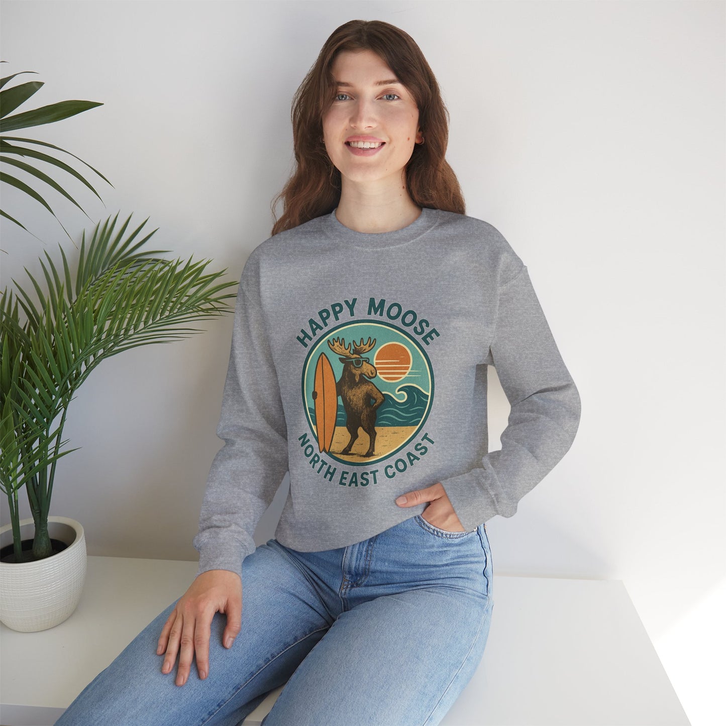 Happy Moose North East Coast Crewneck Sweatshirt — Vintage Surf Moose Graphic