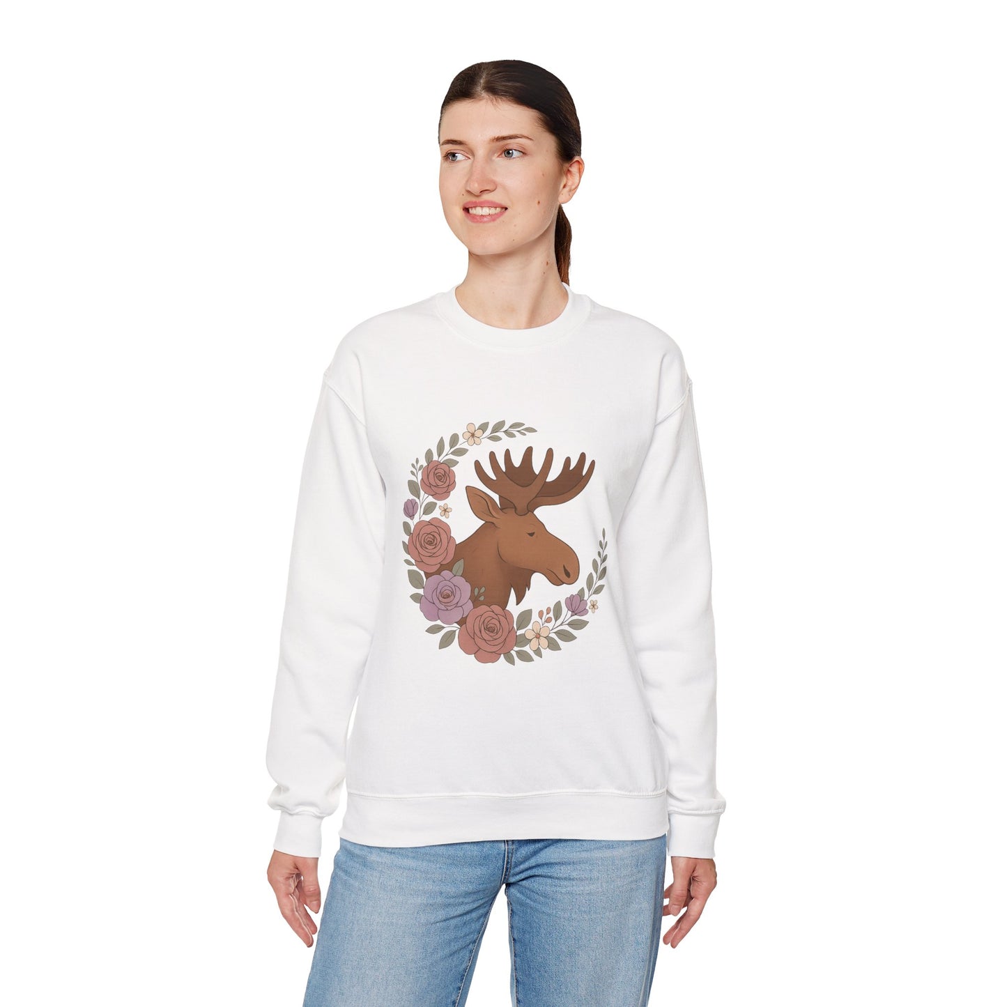 Moose Floral Crewneck Sweatshirt — Rustic Woodland Animal Sweatshirt