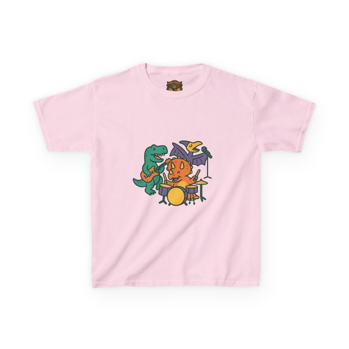 Kids Dino Band T‑Shirt — Cute Cartoon Dinosaur Drummer Tee for Boys & Girls