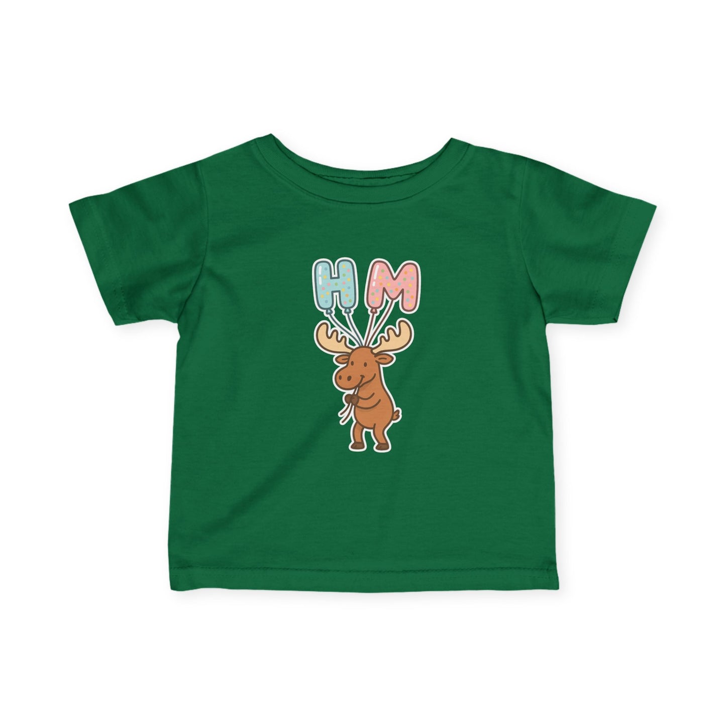 Baby Tee — Cute Moose Holding 'HM' Heart Balloons | Infant Graphic Shirt
