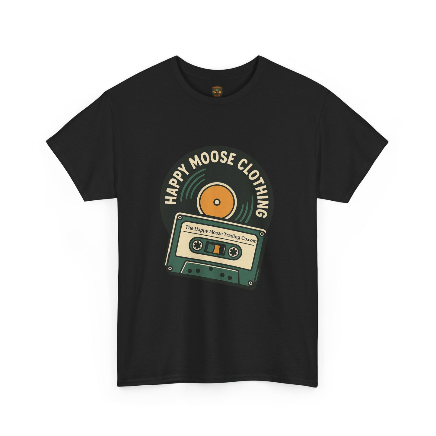 Cassette & Vinyl Retro Tee — “Happy Moose Clothing” Vintage Music Graphic T-Shirt