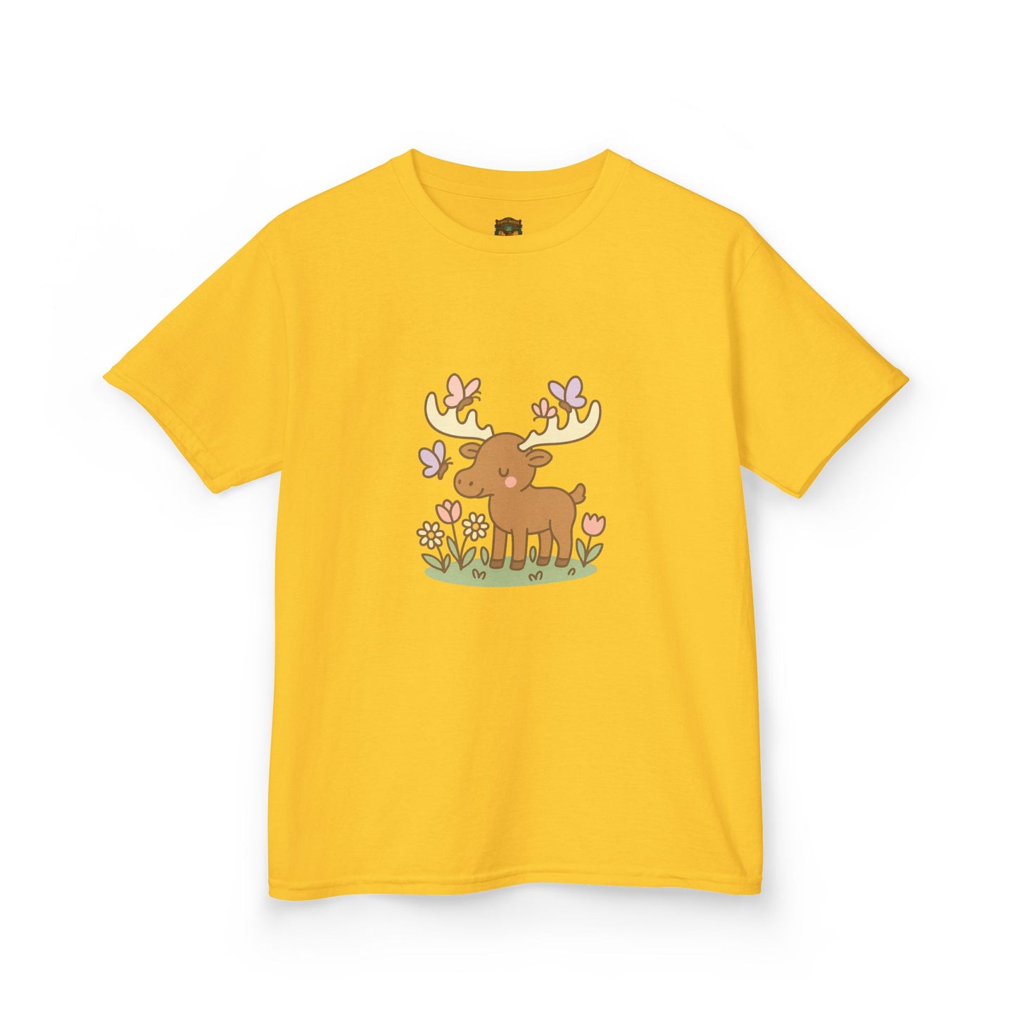 Kids T-Shirt — Cute Woodland Moose with Butterflies Kids Tee