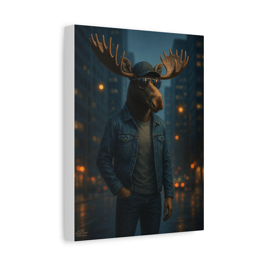 Urban Moose Canvas Print — Cool Moose in Denim Wall Art (Matte Stretched)