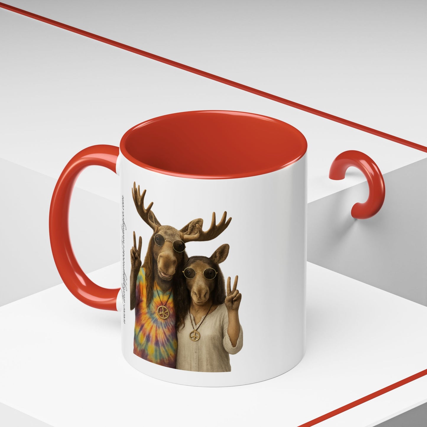 Peaceful Moose Couple Accent Coffee Mug — Hippie Tie-Dye Moose Peace Sign 11/15oz
