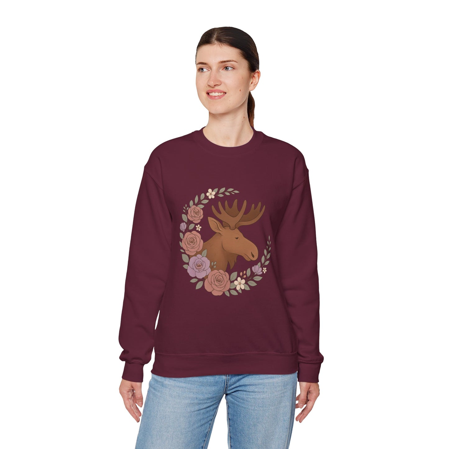 Moose Floral Crewneck Sweatshirt — Rustic Woodland Animal Sweatshirt