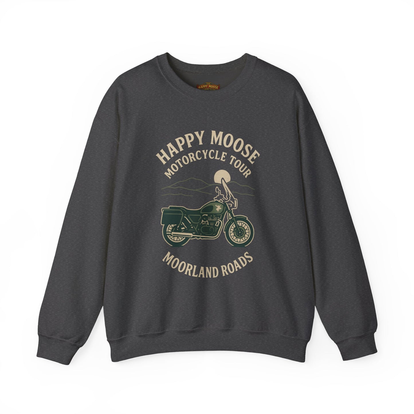 Motorcycle Crewneck Sweatshirt — "Happy Moose Motorcycle Tour" Vintage Bike Graphic