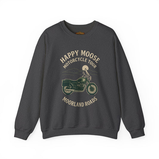 Motorcycle Crewneck Sweatshirt — "Happy Moose Motorcycle Tour" Vintage Bike Graphic
