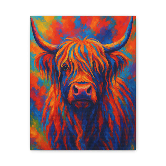 Colorful Highland Cow Canvas Print – Vibrant Pop Art Cattle Wall Decor