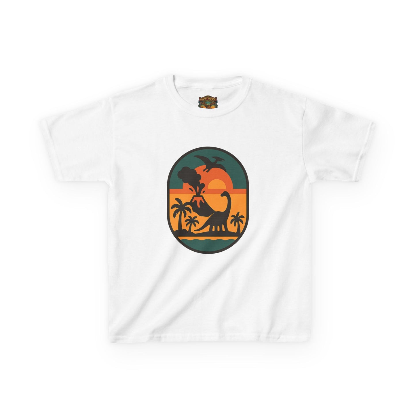 Kids T‑Shirt — Retro Tropical Dinosaur Sunset