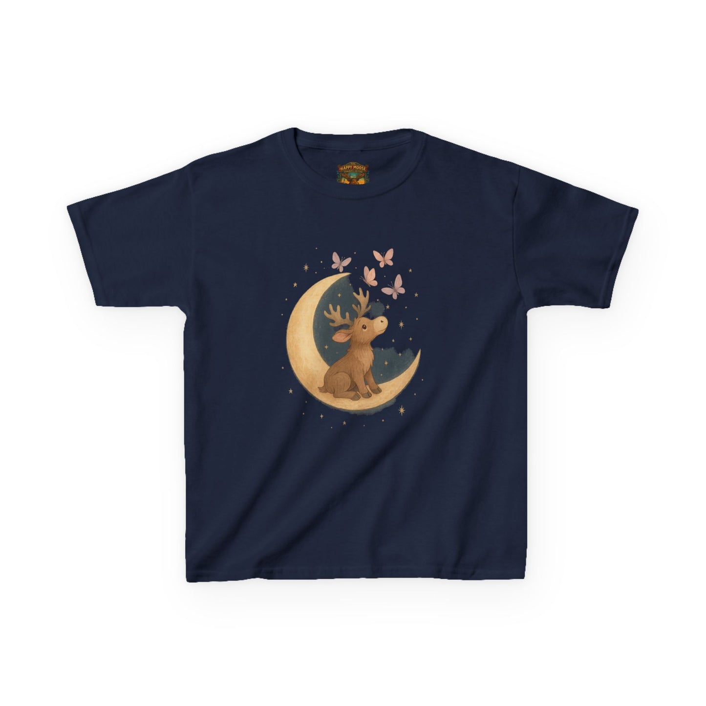 Kids Tee — Cute Puppy on Moon with Butterflies Graphic