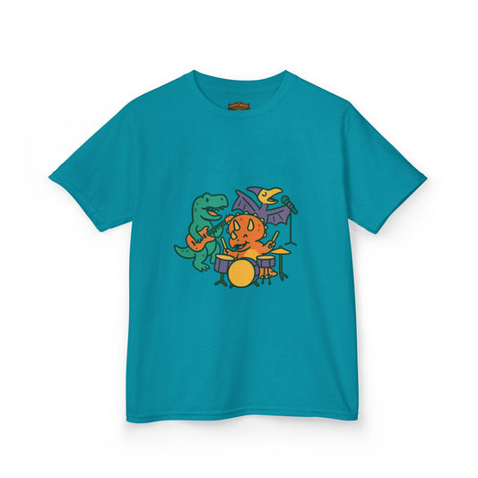 Kids Dino Band T‑Shirt — Cute Cartoon Dinosaur Drummer Tee for Boys & Girls