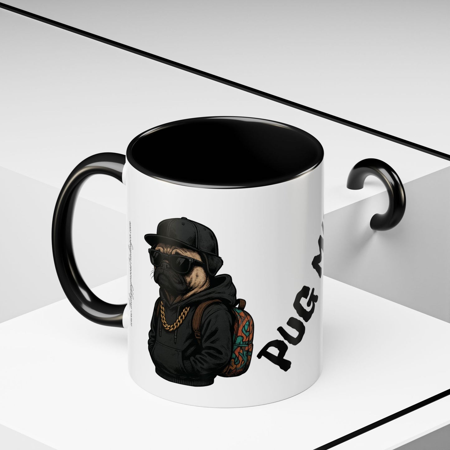 Pug Mug — Red Accent Coffee Mug with Hipster Pug Illustration (11/15oz)