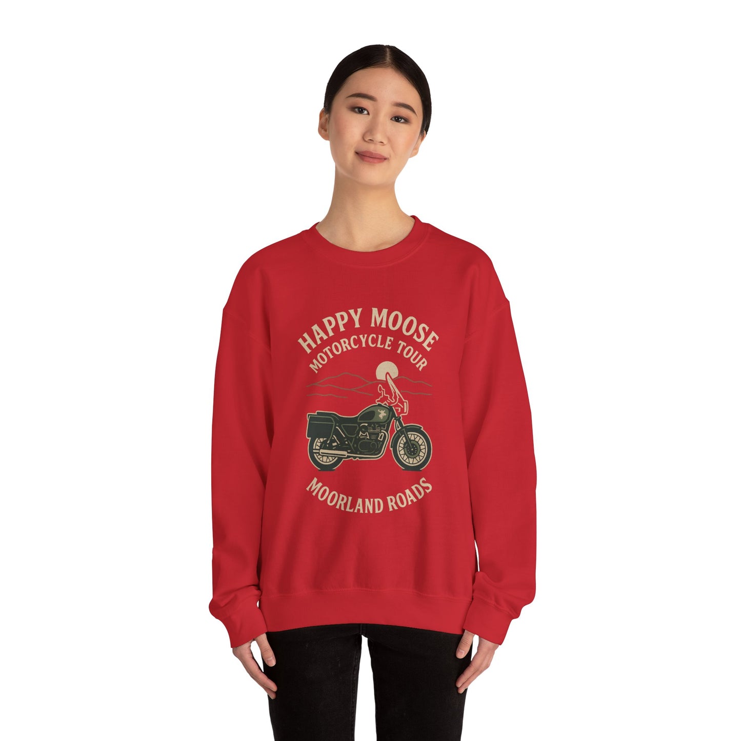 Motorcycle Crewneck Sweatshirt — "Happy Moose Motorcycle Tour" Vintage Bike Graphic