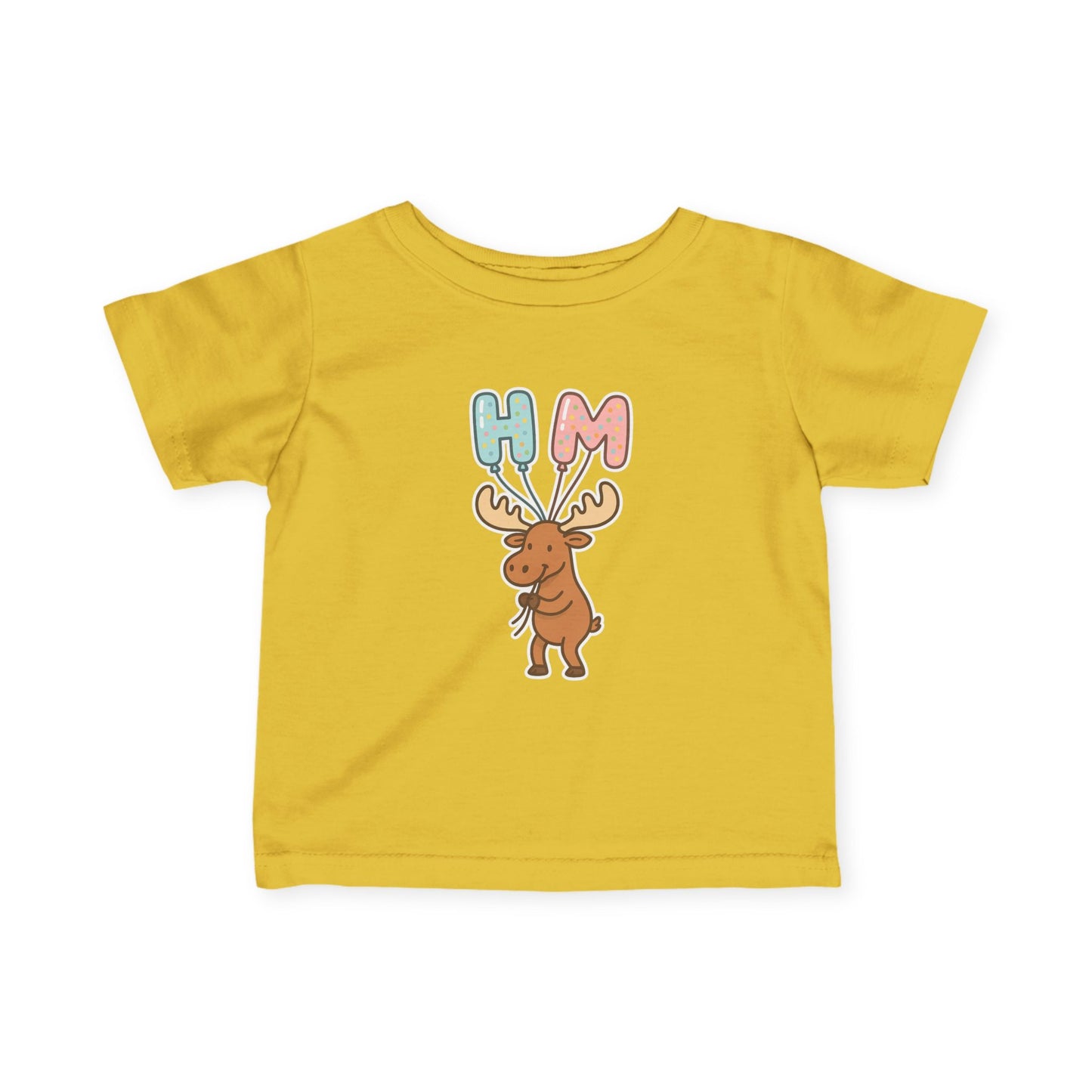 Baby Tee — Cute Moose Holding 'HM' Heart Balloons | Infant Graphic Shirt