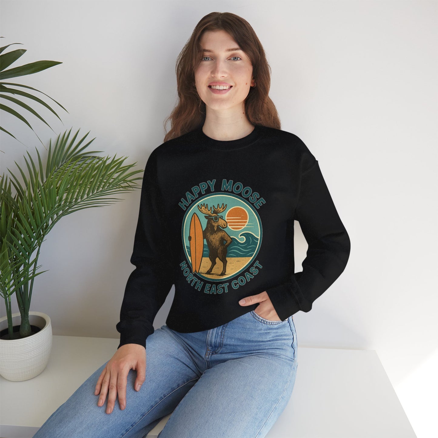 Happy Moose North East Coast Crewneck Sweatshirt — Vintage Surf Moose Graphic