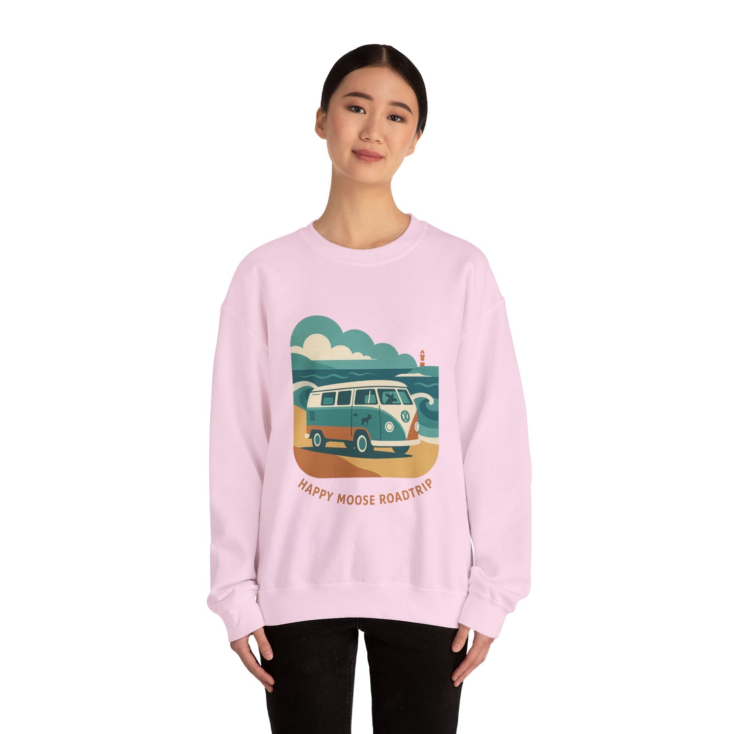 Road Trip Crewneck Sweatshirt — "Happy Moose Roadtrip" Vintage Van Graphic