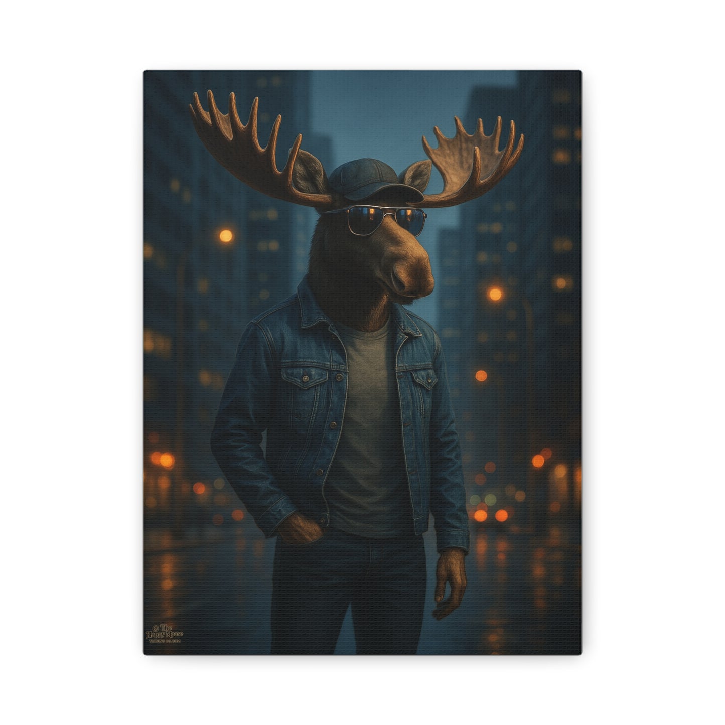 Urban Moose Canvas Print — Cool Moose in Denim Wall Art (Matte Stretched)