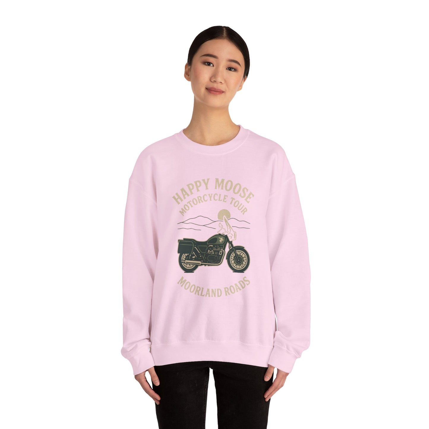 Motorcycle Crewneck Sweatshirt — "Happy Moose Motorcycle Tour" Vintage Bike Graphic
