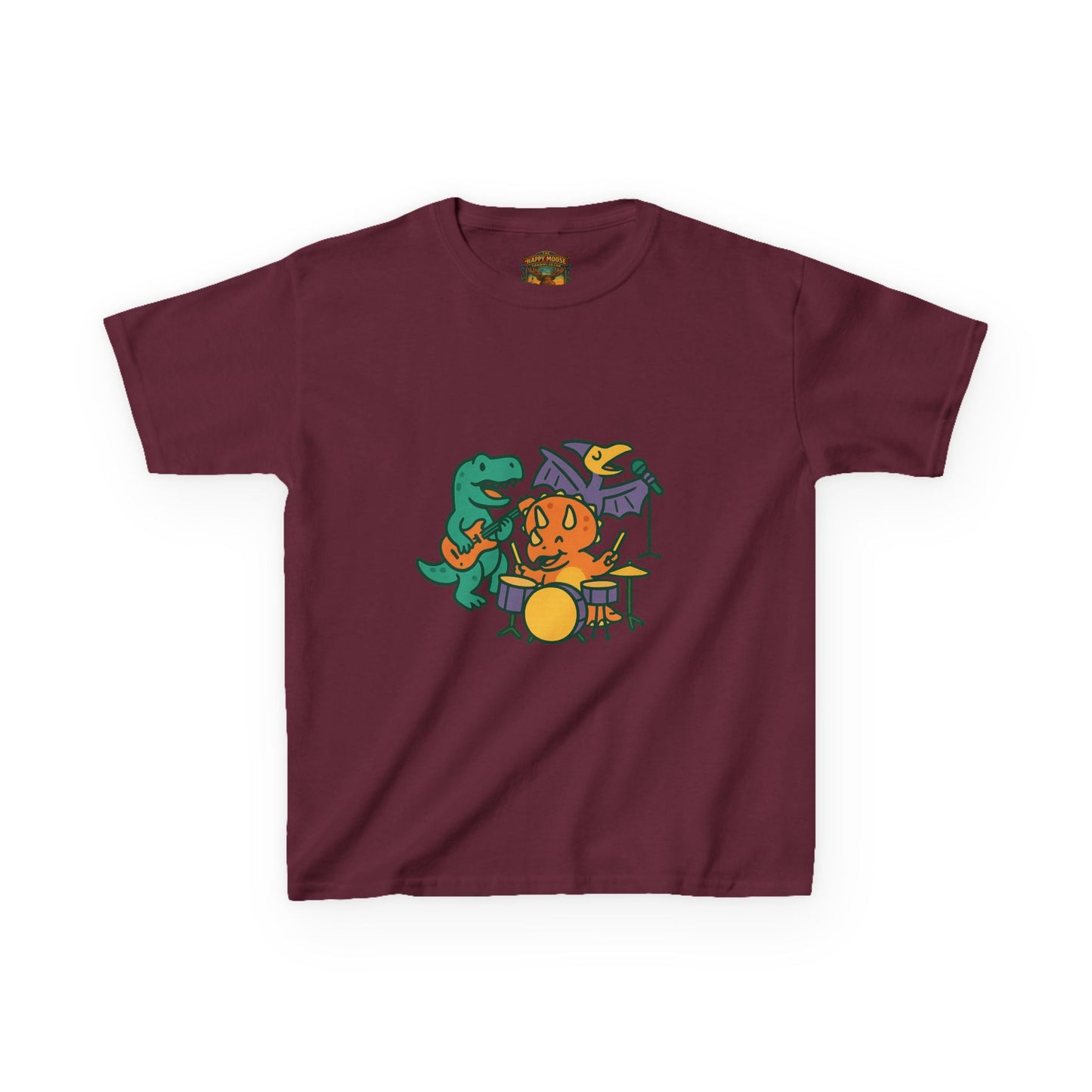 Kids Dino Band T‑Shirt — Cute Cartoon Dinosaur Drummer Tee for Boys & Girls