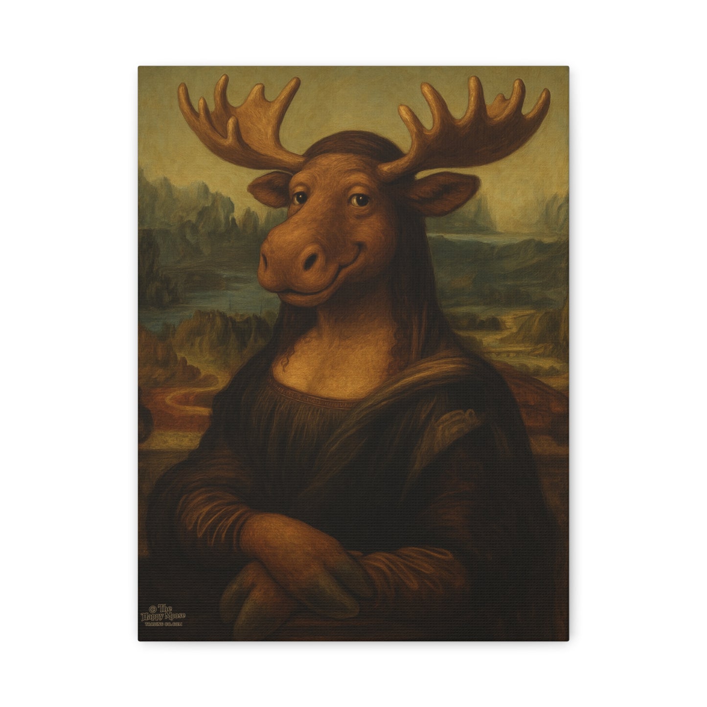 Moose Mona Lisa Canvas Print — Whimsical Animal Portrait Wall Art