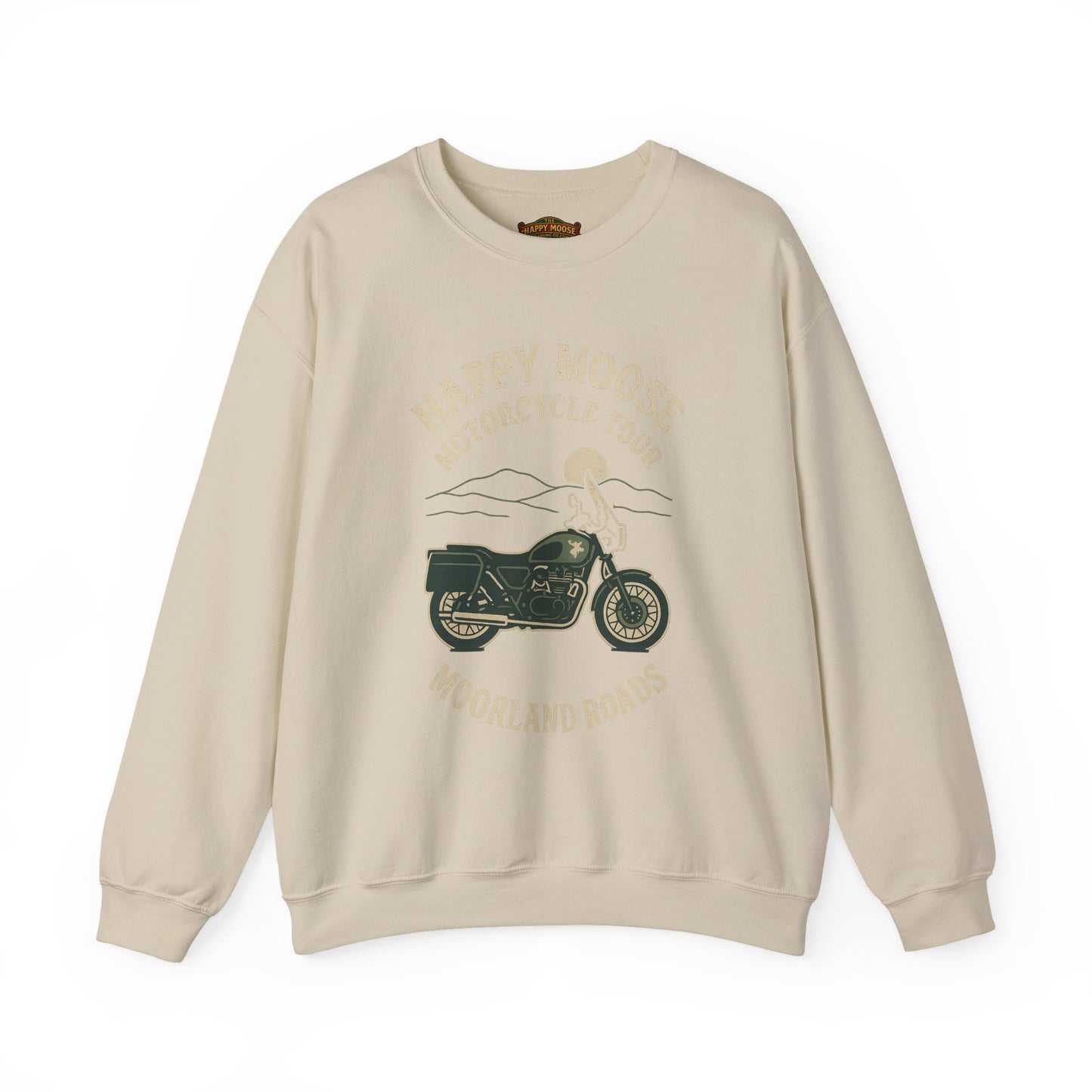 Motorcycle Crewneck Sweatshirt — "Happy Moose Motorcycle Tour" Vintage Bike Graphic