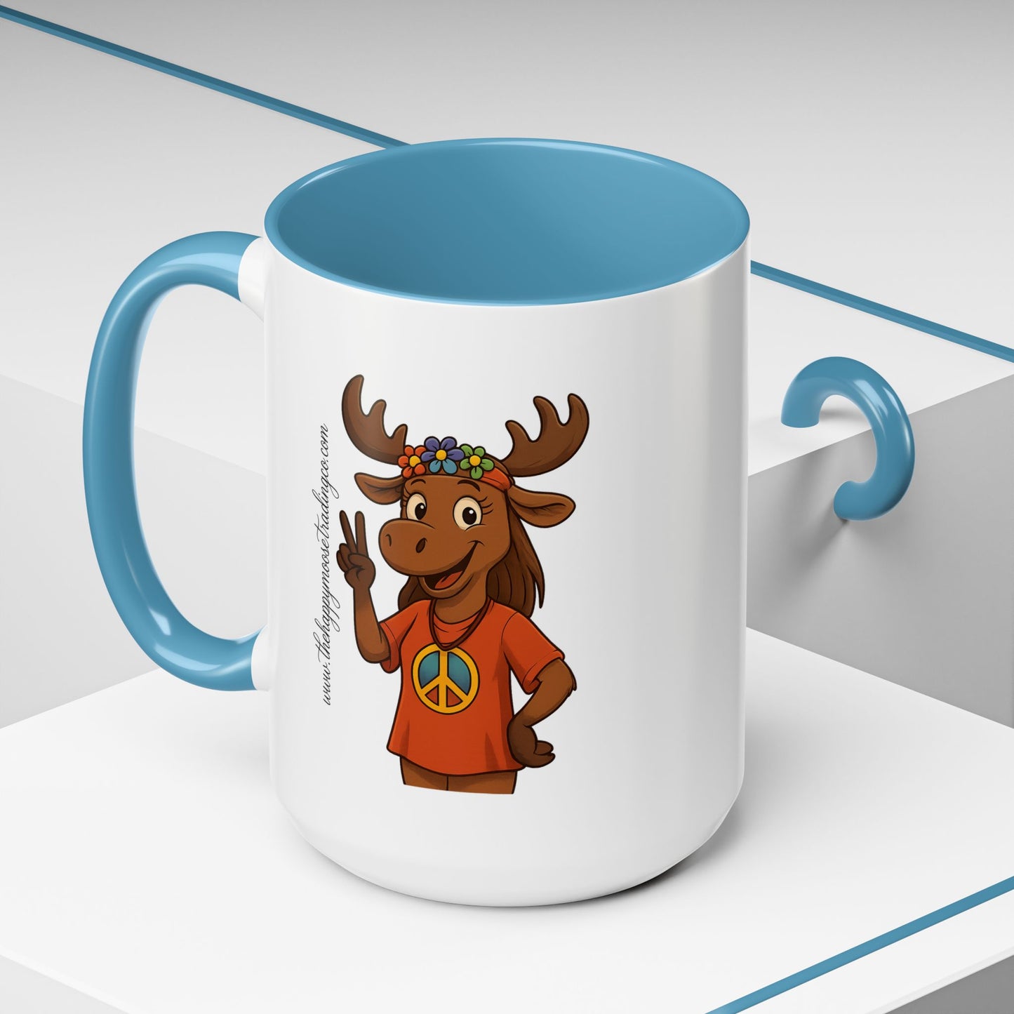 Peace Sign Moose Accent Coffee Mug — Hippie Moose with Flower Crown (11/15oz)