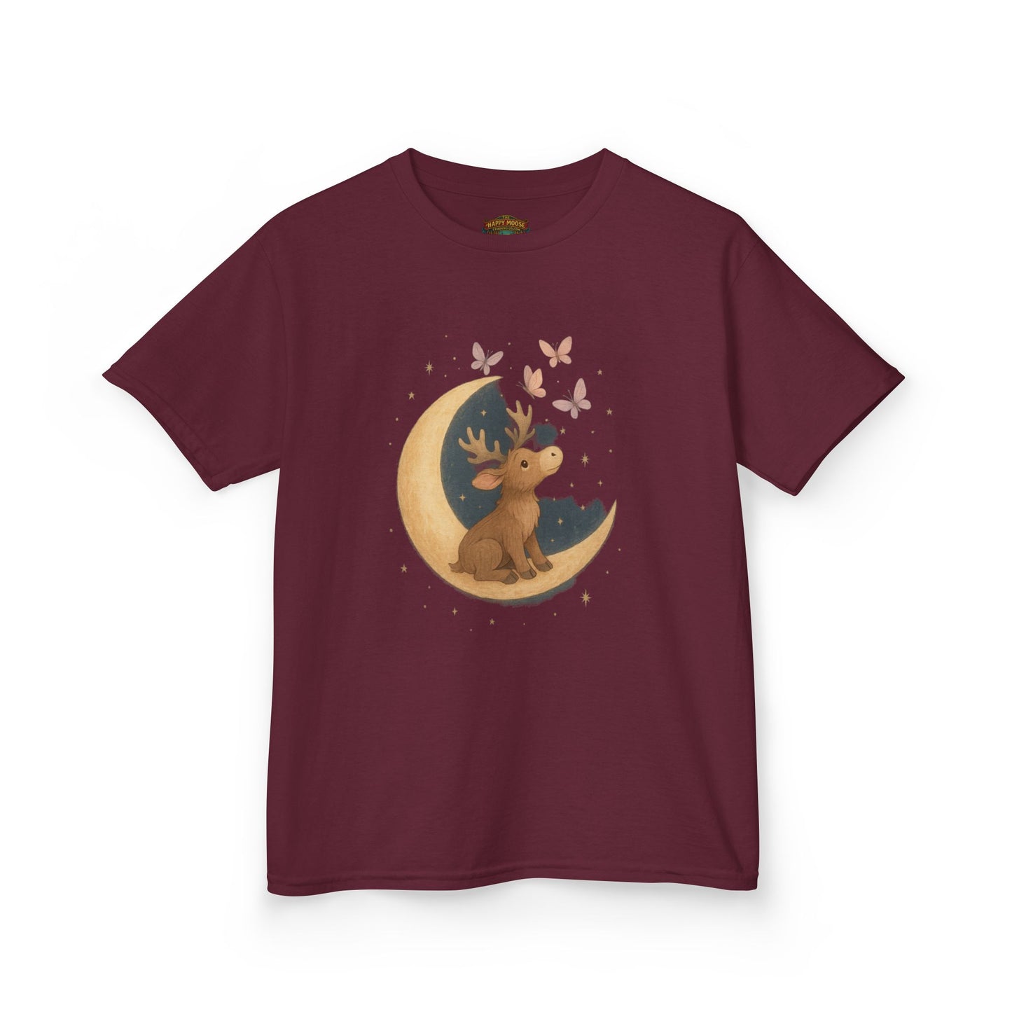 Kids Tee — Cute Puppy on Moon with Butterflies Graphic
