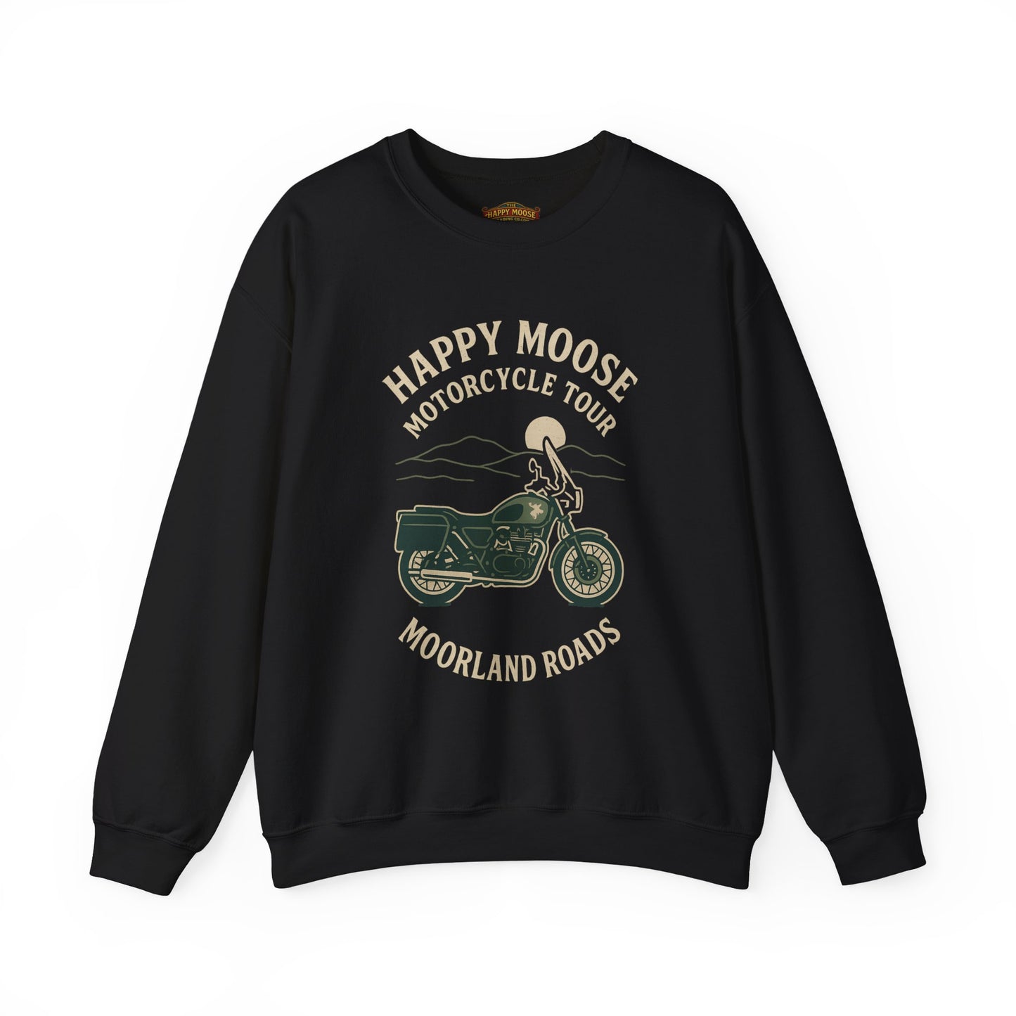 Motorcycle Crewneck Sweatshirt — "Happy Moose Motorcycle Tour" Vintage Bike Graphic