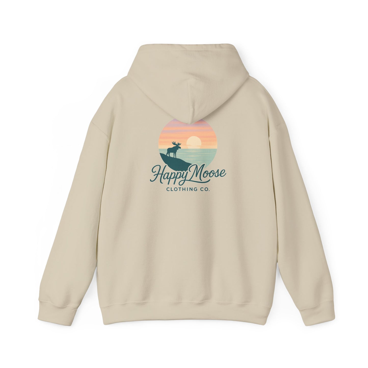 Happy Moose Hoodie — Sunset Lake Graphic Hooded Sweatshirt