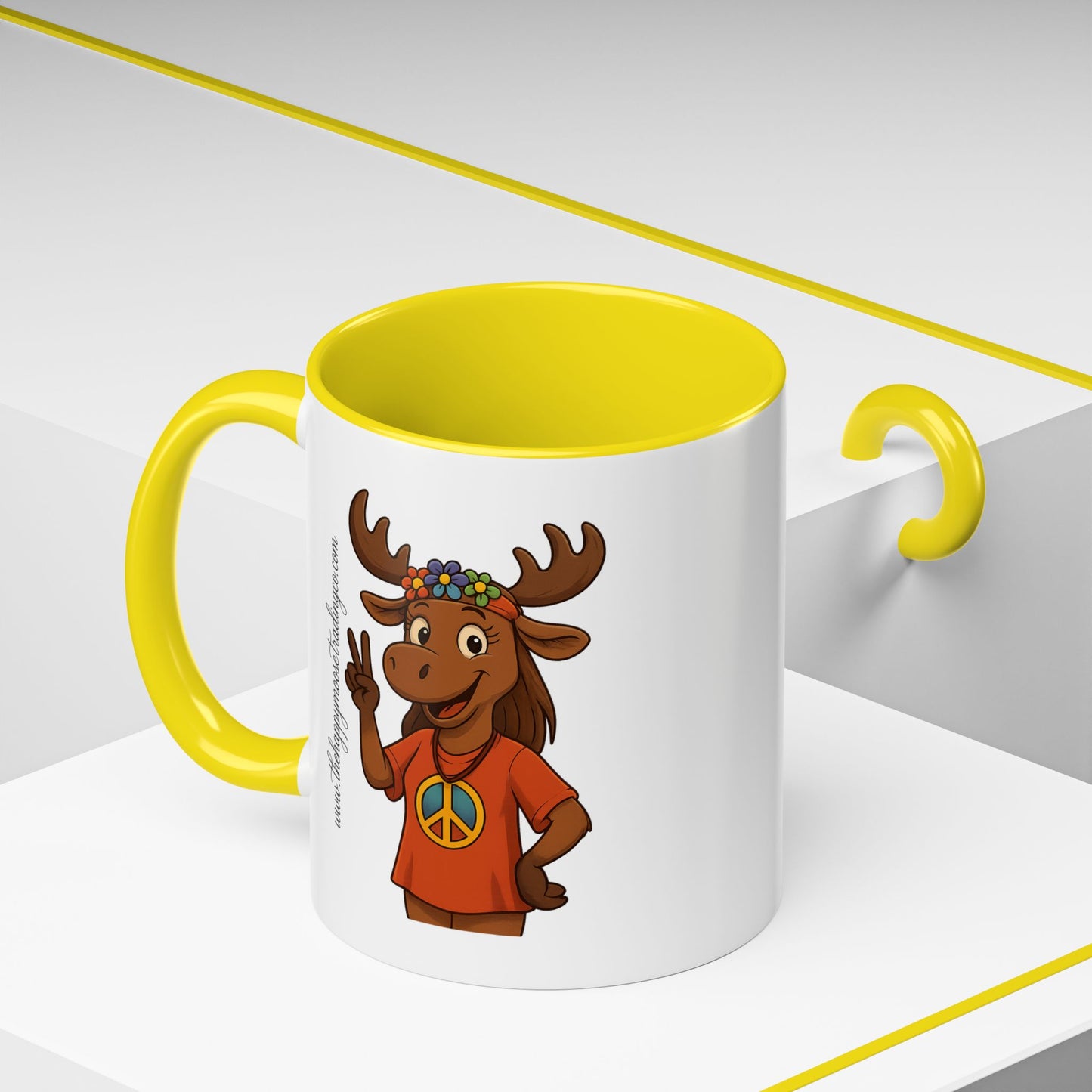 Peace Sign Moose Accent Coffee Mug — Hippie Moose with Flower Crown (11/15oz)