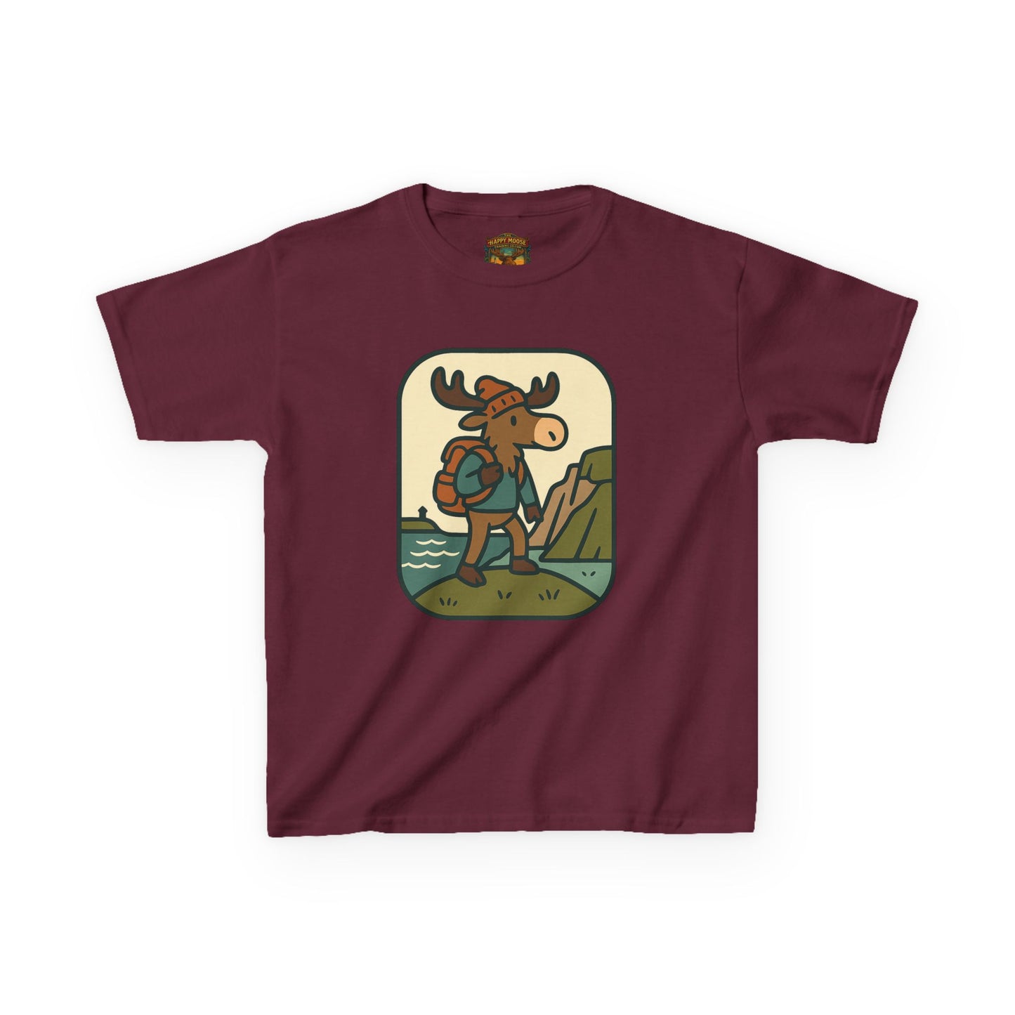 Kids Hiking Moose T‑Shirt — Cute Adventure Backpacker Tee for Boys & Girls