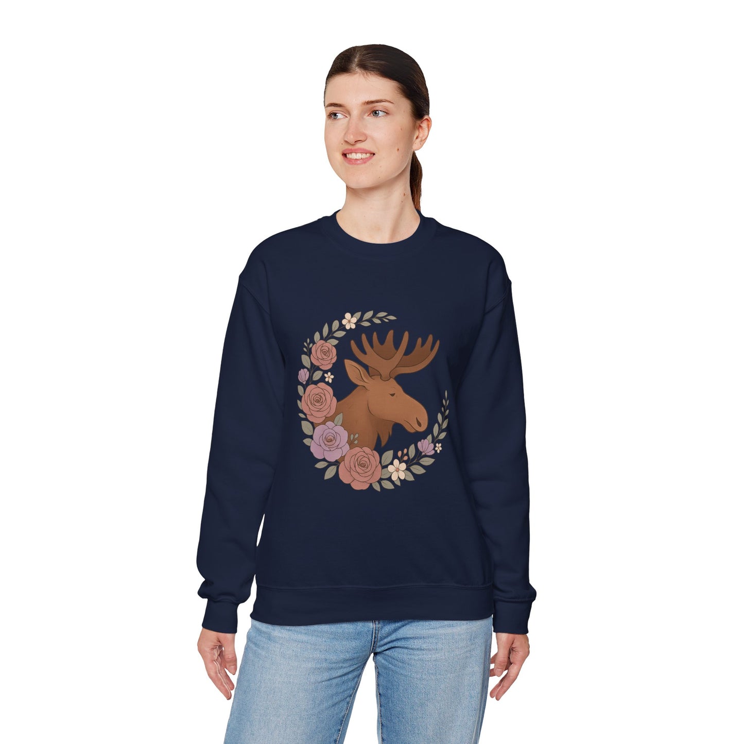 Moose Floral Crewneck Sweatshirt — Rustic Woodland Animal Sweatshirt